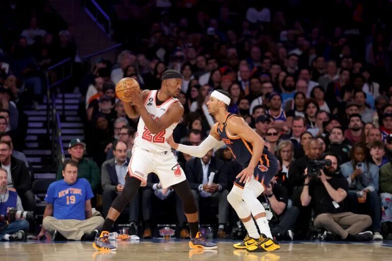 Mar 29, 2023; New York, New York, USA; Miami Heat forward Jimmy Butler (22) controls the ball against New York Knicks guard Josh Hart (3) during the fourth quarter at Madison Square Garden. Mandatory Credit: Brad Penner-USA TODAY Sports