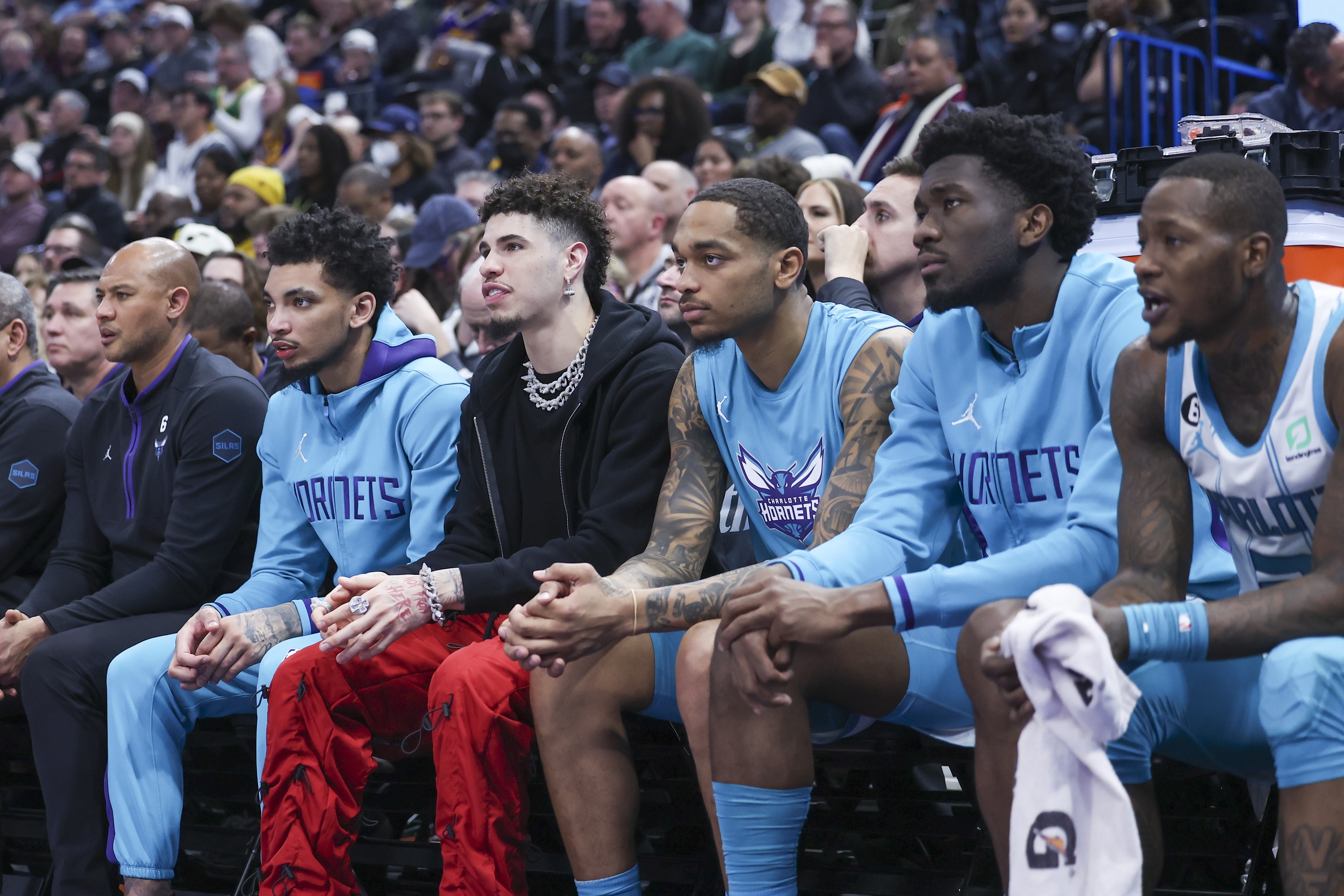 Jan 23, 2023; Salt Lake City, Utah, USA; The Charlotte Hornets bench looks on against the Utah Jazz in the second quarter at Vivint Arena. Mandatory Credit: Rob Gray-USA TODAY Sports