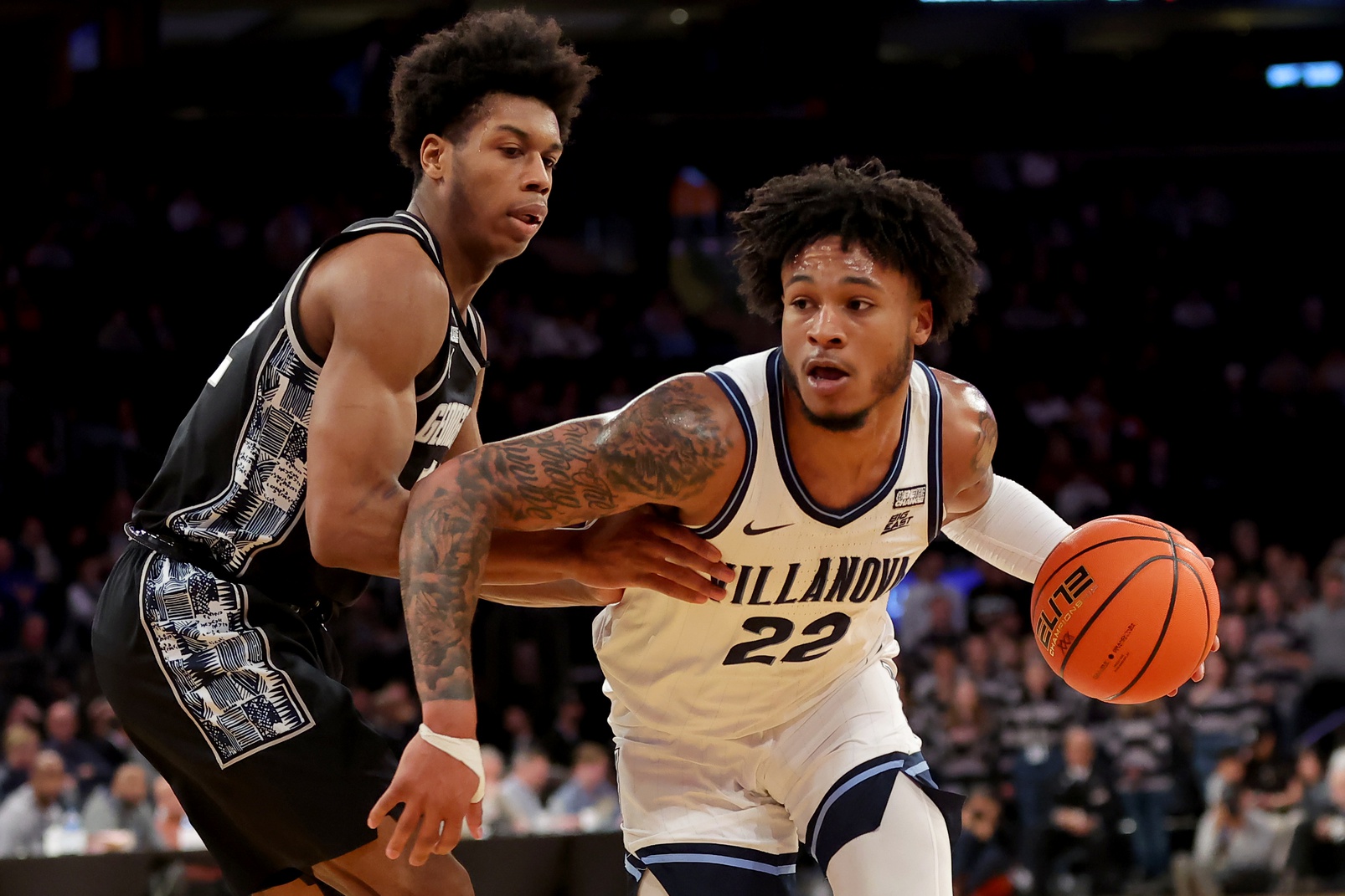 Mar 8, 2023; New York, NY, USA; Villanova Wildcats forward Cam Whitmore (22) drives to the basket against Georgetown Hoyas guard Jordan Riley (12) during the second half at Madison Square Garden. Mandatory Credit: Brad Penner-USA TODAY Sports