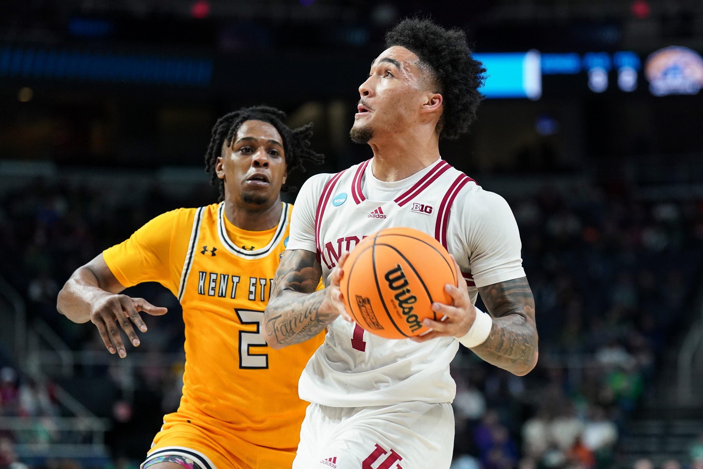 Mar 17, 2023; Albany, NY, USA; Indiana Hoosiers guard Jalen Hood-Schifino (1) controls the ball ahead of Kent State Golden Flashes guard Malique Jacobs (2) in the second half at MVP Arena. Mandatory Credit: David Butler II-USA TODAY Sports