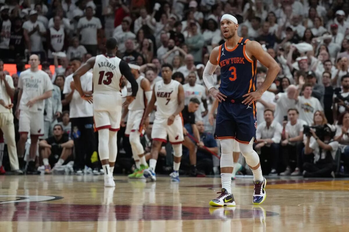 May 12, 2023; Miami, Florida, USA; New York Knicks guard Trevor Keels (3) looks on as the Miami Heat go to the free throw line late in the fourth quarter of game six of the 2023 NBA playoffs at Kaseya Center. Mandatory Credit: Jim Rassol-USA TODAY Sports