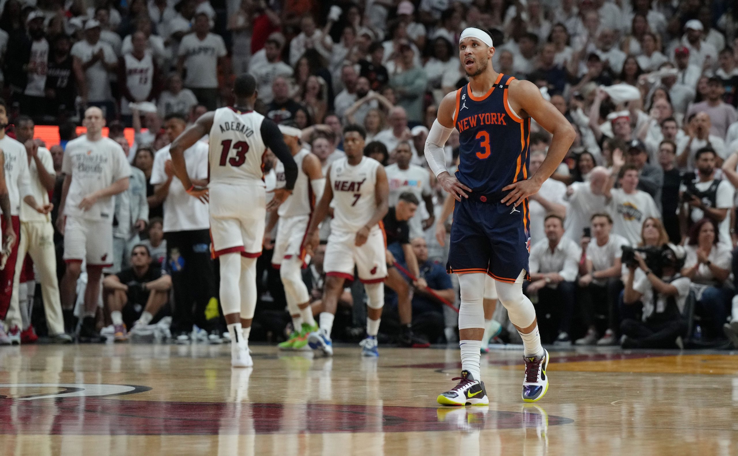 May 12, 2023; Miami, Florida, USA; New York Knicks guard Trevor Keels (3) looks on as the Miami Heat go to the free throw line late in the fourth quarter of game six of the 2023 NBA playoffs at Kaseya Center. Mandatory Credit: Jim Rassol-USA TODAY Sports