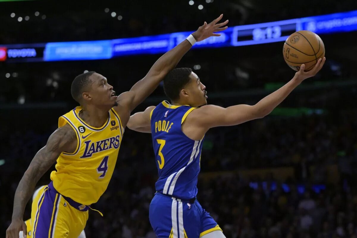 May 12, 2023; Los Angeles, California, USA; Golden State Warriors guard Jordan Poole (3) drives past Los Angeles Lakers guard Lonnie Walker IV (4) in the second half of game six of the 2023 NBA playoffs at Crypto.com Arena. Mandatory Credit: Jayne Kamin-Oncea-USA TODAY Sports