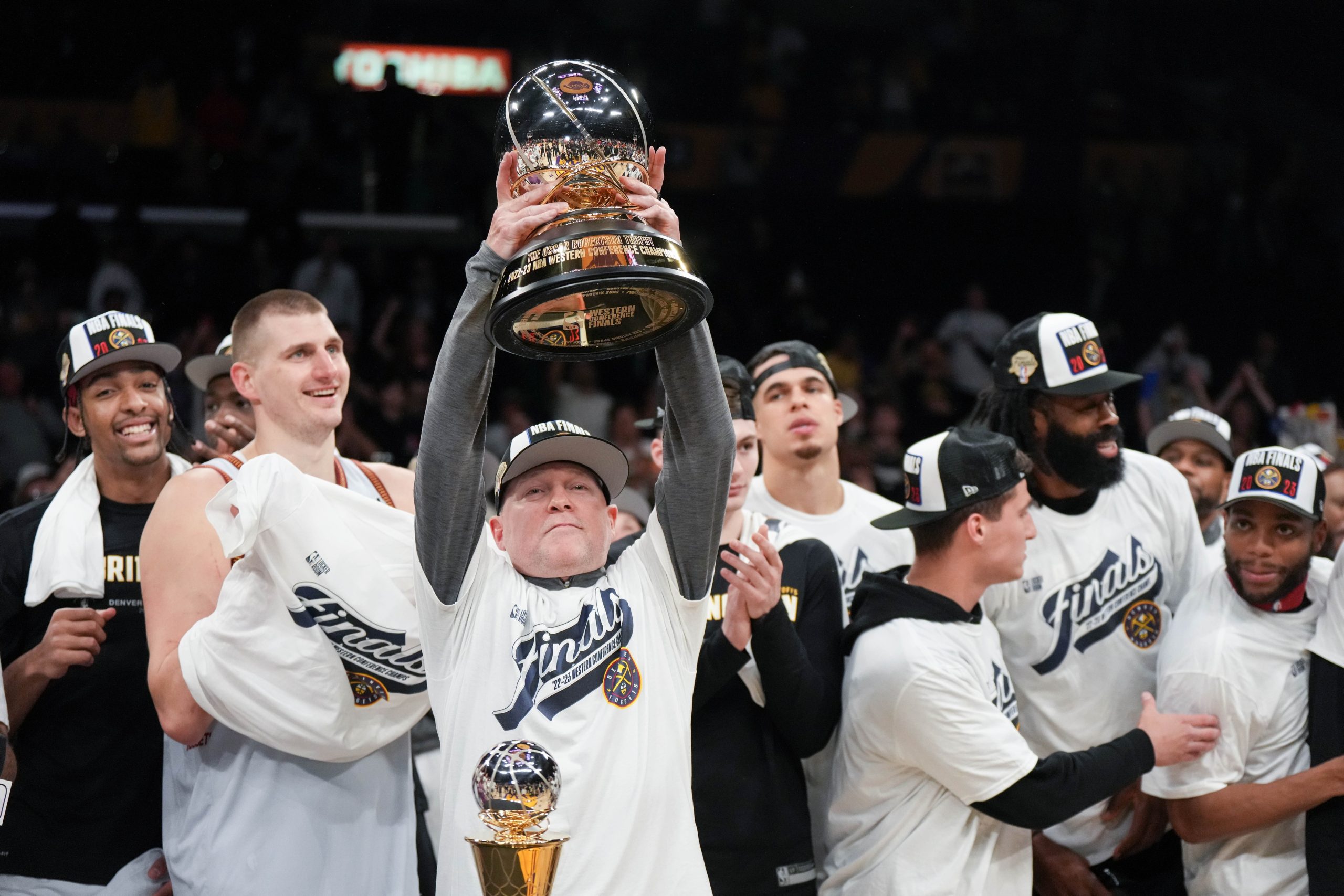 May 22, 2023; Los Angeles, California, USA; Denver Nuggets head coach Michael Malone celebrates beating the Los Angeles Lakers in game four of the Western Conference Finals for the 2023 NBA playoffs at Crypto.com Arena. Mandatory Credit: Kirby Lee-USA TODAY Sports