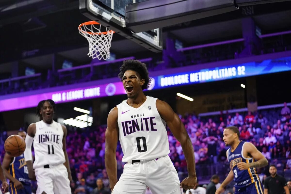 Oct 4, 2022; Henderson, NV, USA; NBA G League Ignite guard Scoot Henderson (0) reacts after scoring a layup during the second quarter against the Boulogne-Levallois Metropolitans 92 at The Dollar Loan Center. Mandatory Credit: Lucas Peltier-USA TODAY Sports