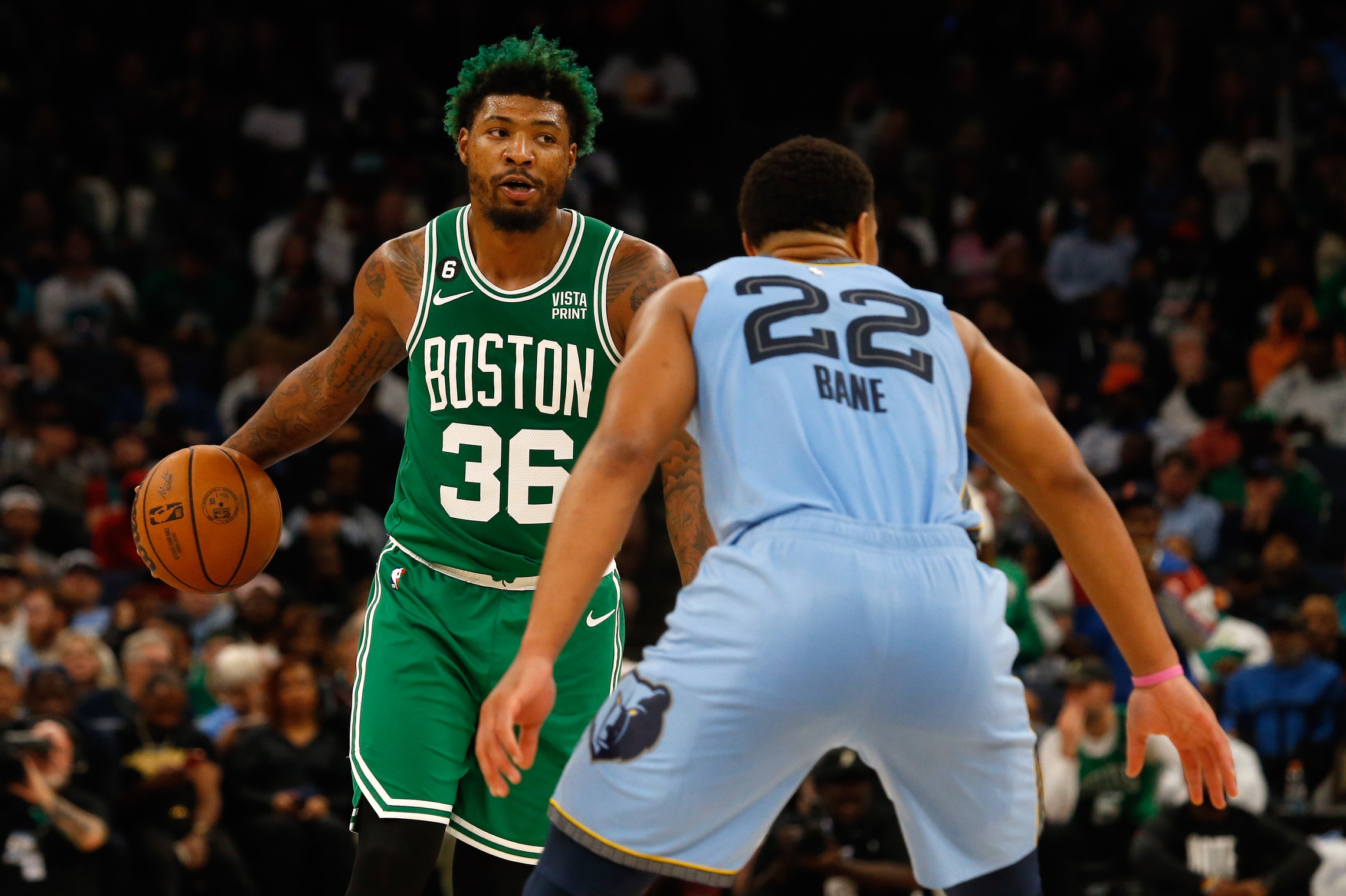 Nov 7, 2022; Memphis, Tennessee, USA; Boston Celtics guard Marcus Smart (36) dribbles during the second half against the Memphis Grizzlies at FedExForum. Mandatory Credit: Petre Thomas-USA TODAY Sports