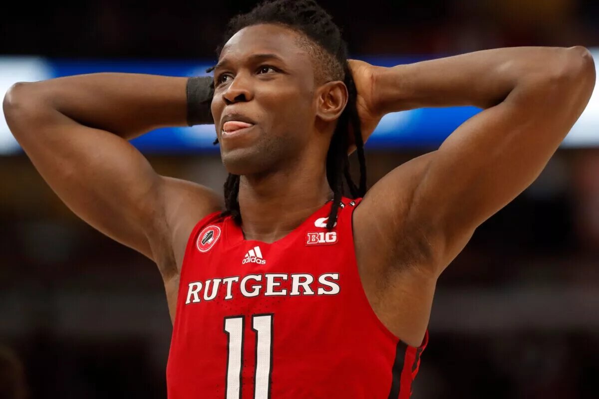 Rutgers Scarlet Knights center Clifford Omoruyi (11) reacts to a call during the Big Ten Men’s Basketball Tournament game against the Purdue Boilermakers, Friday, March 10, 2023, at United Center in Chicago. Purdue Boilermakers won 70-65. Purrut031023 Am15080