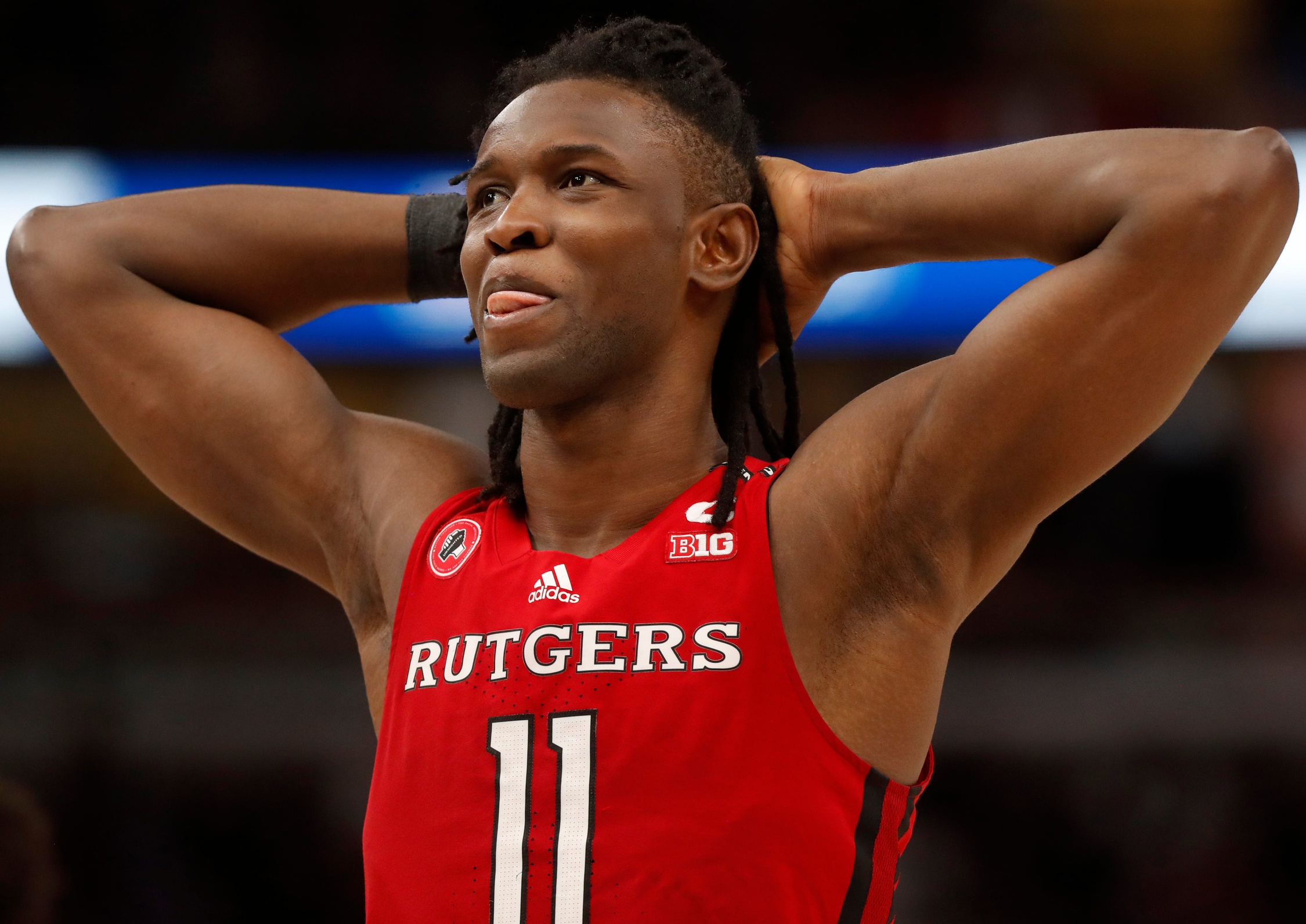 Rutgers Scarlet Knights center Clifford Omoruyi (11) reacts to a call during the Big Ten Men’s Basketball Tournament game against the Purdue Boilermakers, Friday, March 10, 2023, at United Center in Chicago. Purdue Boilermakers won 70-65. Purrut031023 Am15080