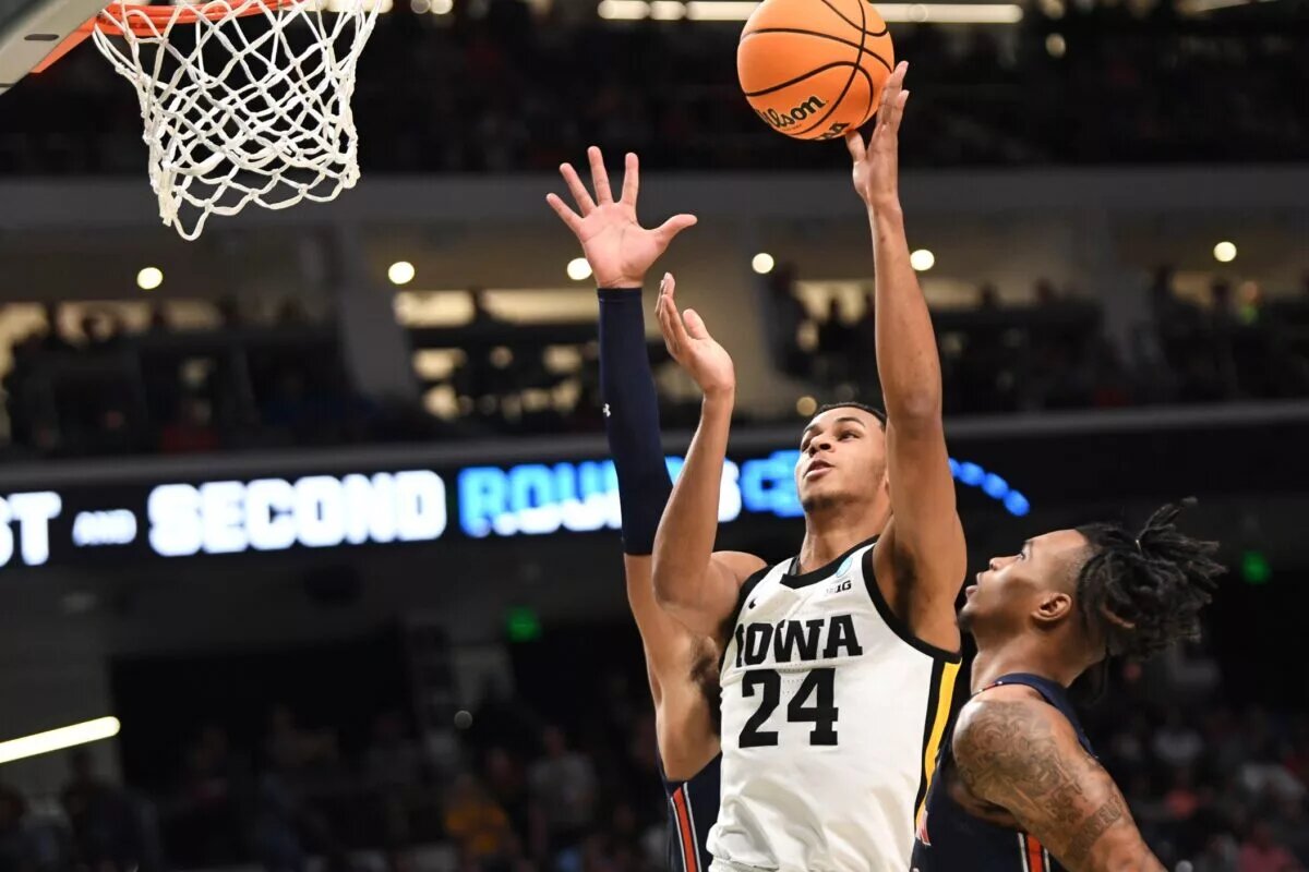 Mar 16, 2023; Birmingham, AL, USA; Iowa forward Kris Murray (24) scores in the lane against Auburn during the NCAA regional. at Legacy Arena. Mandatory Credit: Gary Cosby Jr.-Tuscaloosa News Ncaa Basketball Ncaa Regional Auburn Vs Iowa