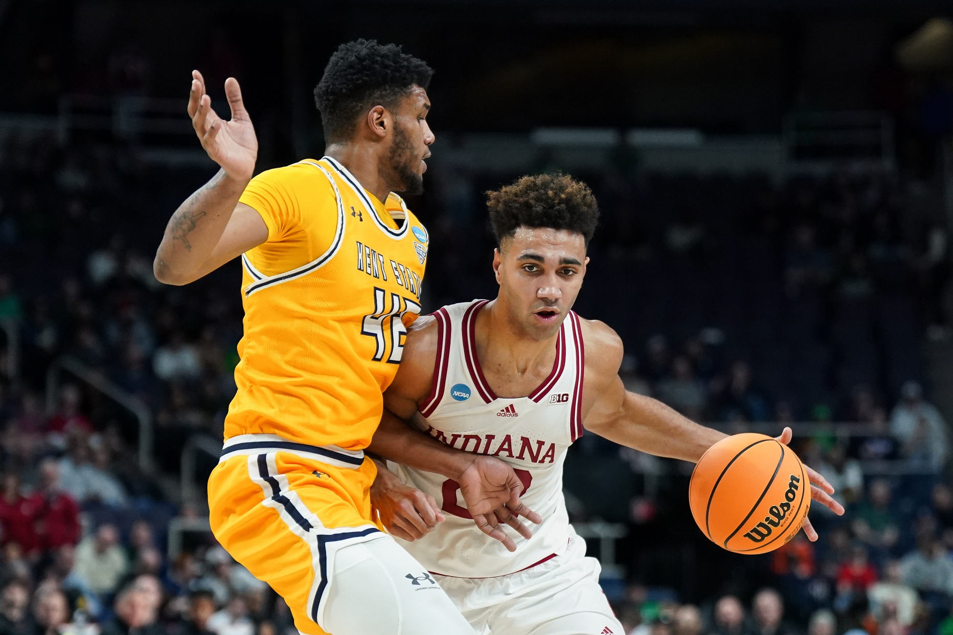 Mar 17, 2023; Albany, NY, USA; Indiana Hoosiers forward Trayce Jackson-Davis (23) controls the ball as Kent State Golden Flashes center Cli'Ron Hornbeak (42) guards in the second half at MVP Arena. Mandatory Credit: David Butler II-USA TODAY Sports
