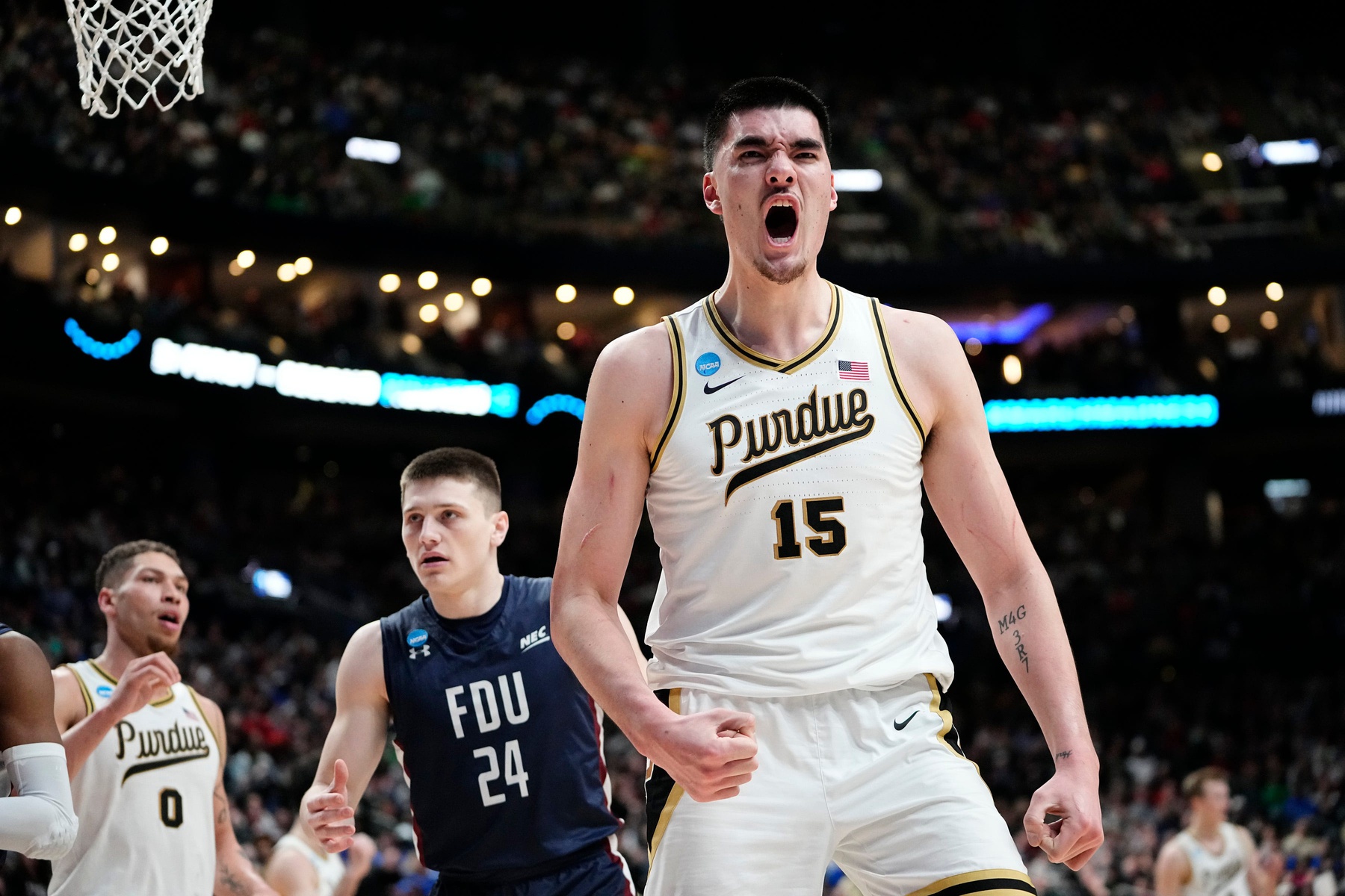 Mar 17, 2023; Columbus, Ohio, USA; Purdue Boilermakers center Zach Edey (15) celebrates making a basket during the first round of the NCAA men’s basketball tournament against the Fairleigh Dickinson Knights at Nationwide Arena. Mandatory Credit: Adam Cairns-The Columbus Dispatch Basketball Ncaa Men S Basketball Tournament