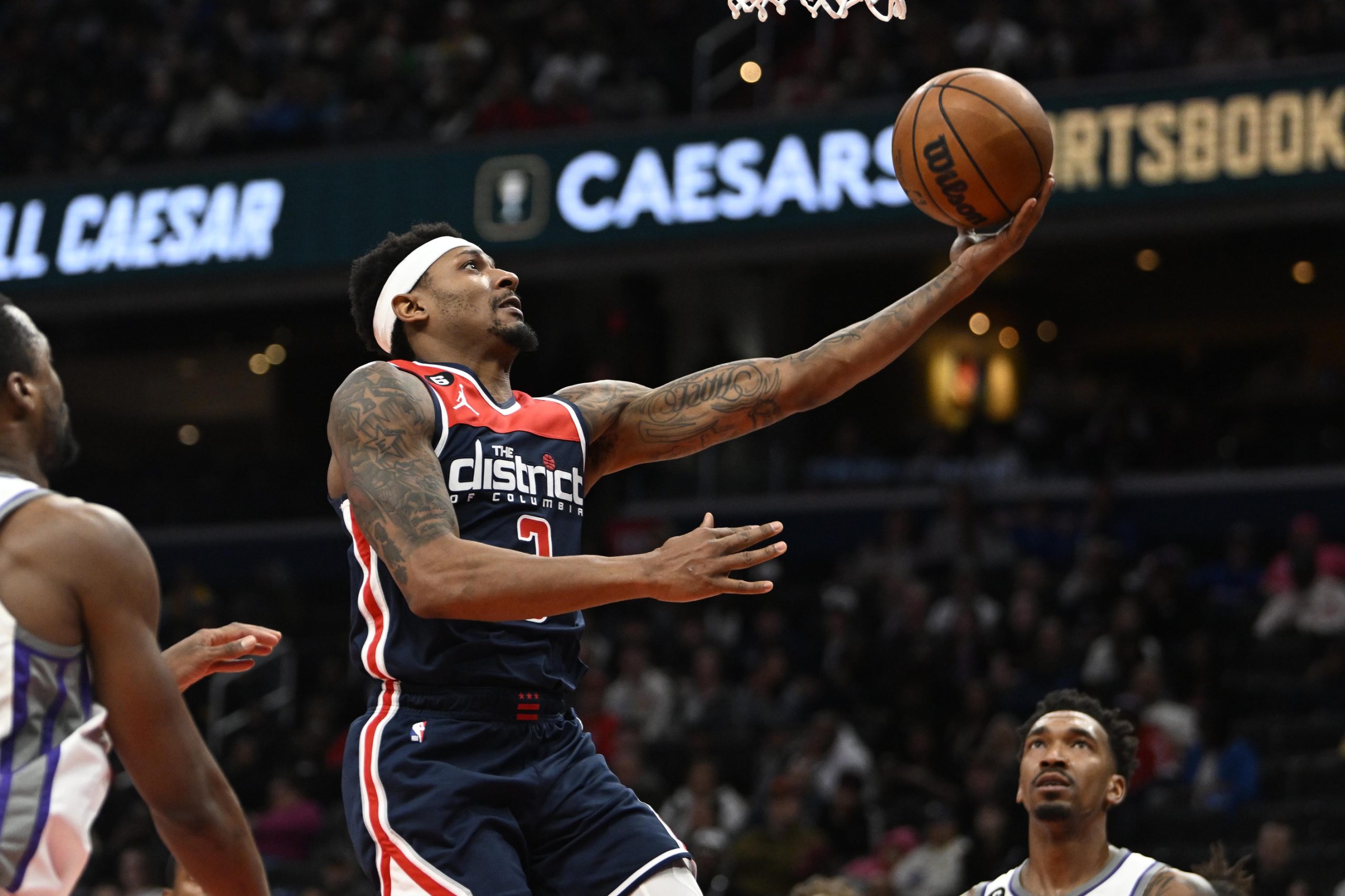 Mar 18, 2023; Washington, District of Columbia, USA; Washington Wizards guard Bradley Beal (3) scores against the Sacramento Kings during the second half at Capital One Arena. Beal to Suns. Mandatory Credit: Brad Mills-USA TODAY Sports
