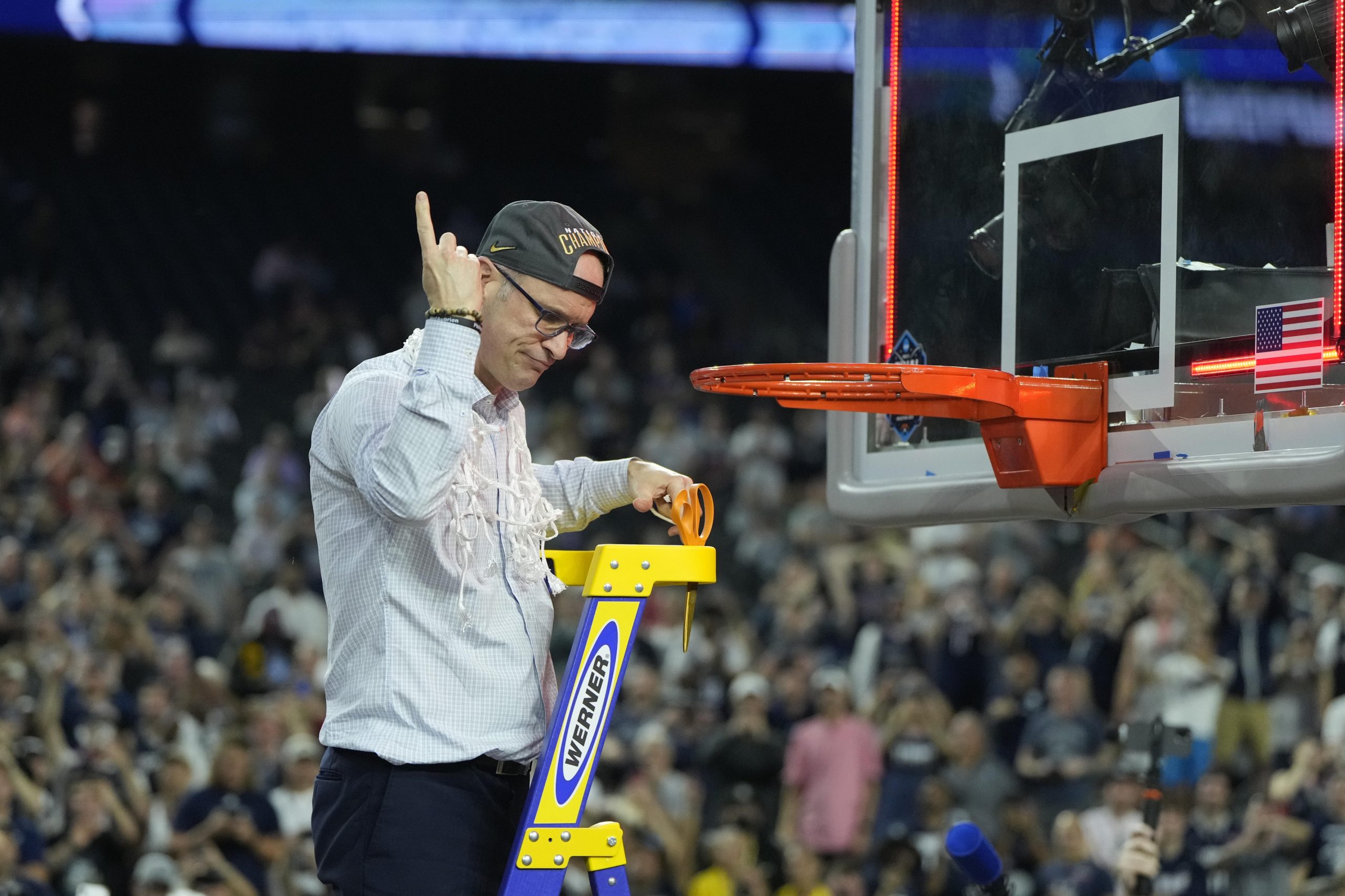 Apr 3, 2023; Houston, TX, USA; Connecticut Huskies head coach Dan Hurley celebrates after cutting down the net after defeating the San Diego State Aztecs in the national championship game of the 2023 NCAA Tournament at NRG Stadium. Mandatory Credit: Bob Donnan-USA TODAY Sports