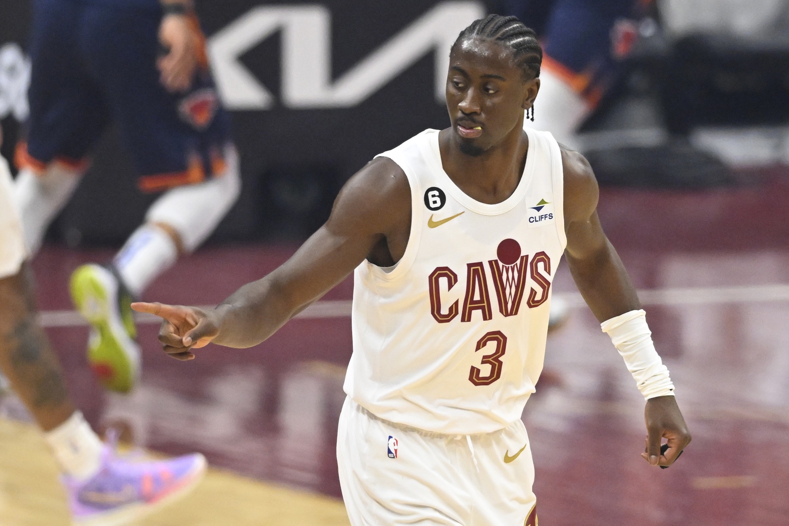 Apr 26, 2023; Cleveland, Ohio, USA; Cleveland Cavaliers guard Caris LeVert (3) celebrates a three-point basket in the first quarter during game five of the 2023 NBA playoffs against the New York Knicks at Rocket Mortgage FieldHouse. Mandatory Credit: David Richard-USA TODAY Sports