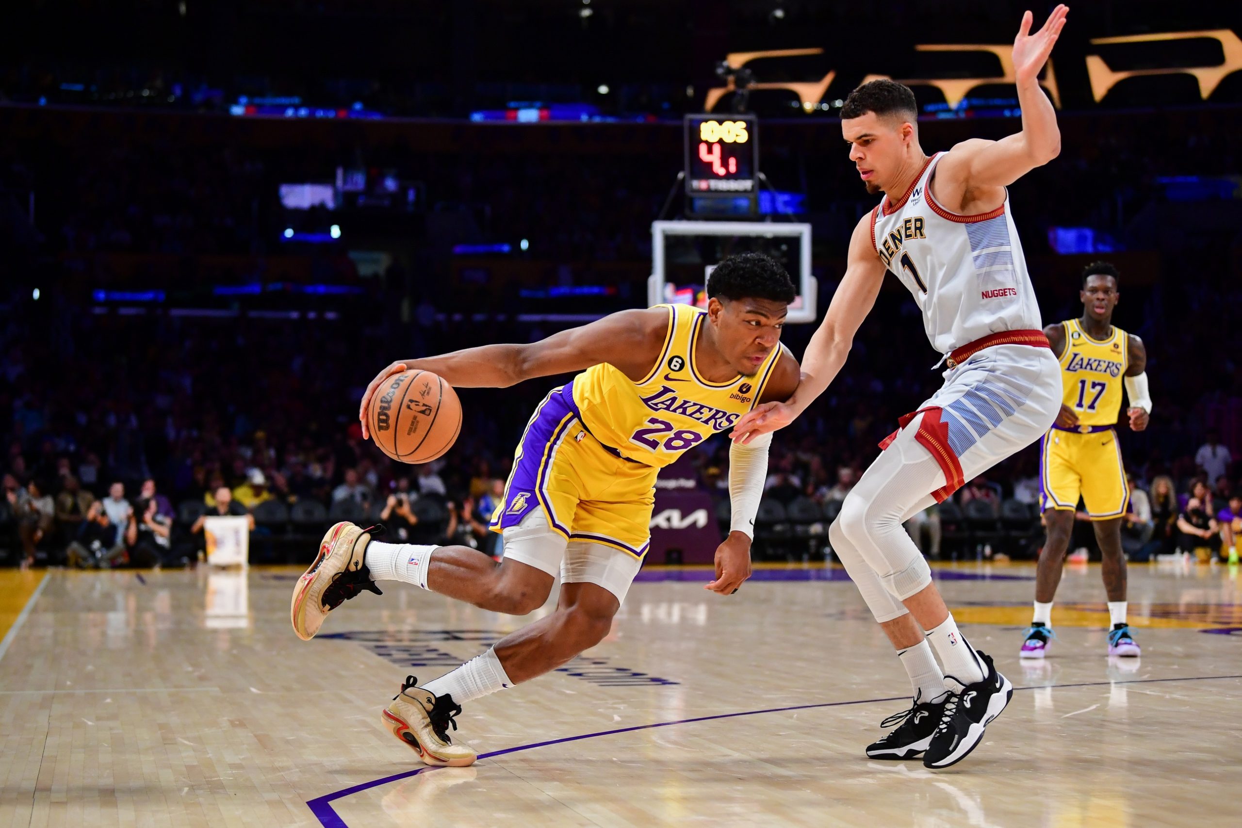 May 22, 2023; Los Angeles, California, USA; Los Angeles Lakers forward Rui Hachimura (28) drives to the basket against Denver Nuggets forward Michael Porter Jr. (1) during the third quarter in game four of the Western Conference Finals for the 2023 NBA playoffs at Crypto.com Arena. Mandatory Credit: Gary A. Vasquez-USA TODAY Sports