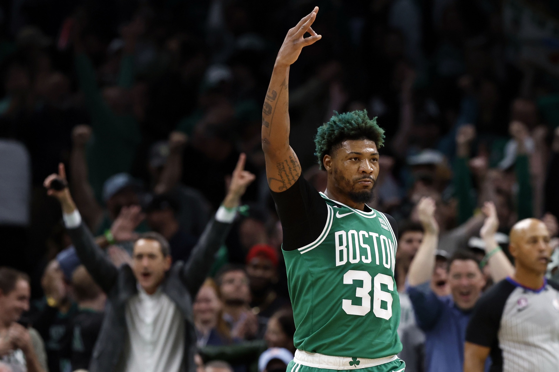 May 25, 2023; Boston, Massachusetts, USA; Boston Celtics guard Marcus Smart (36) reacts during the first quarter of game five against the Miami Heat in the Eastern Conference Finals for the 2023 NBA playoffs at TD Garden. Mandatory Credit: Winslow Townson-USA TODAY Sports