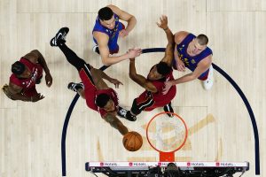Jun 1, 2023; Denver, CO, USA; Miami Heat forward Haywood Highsmith (24) shoots the ball against the Denver Nuggets during the second half in game one of the 2023 NBA Finals at Ball Arena. Mandatory Credit: Jack Dempsey/Pool Photo-USA TODAY Sports