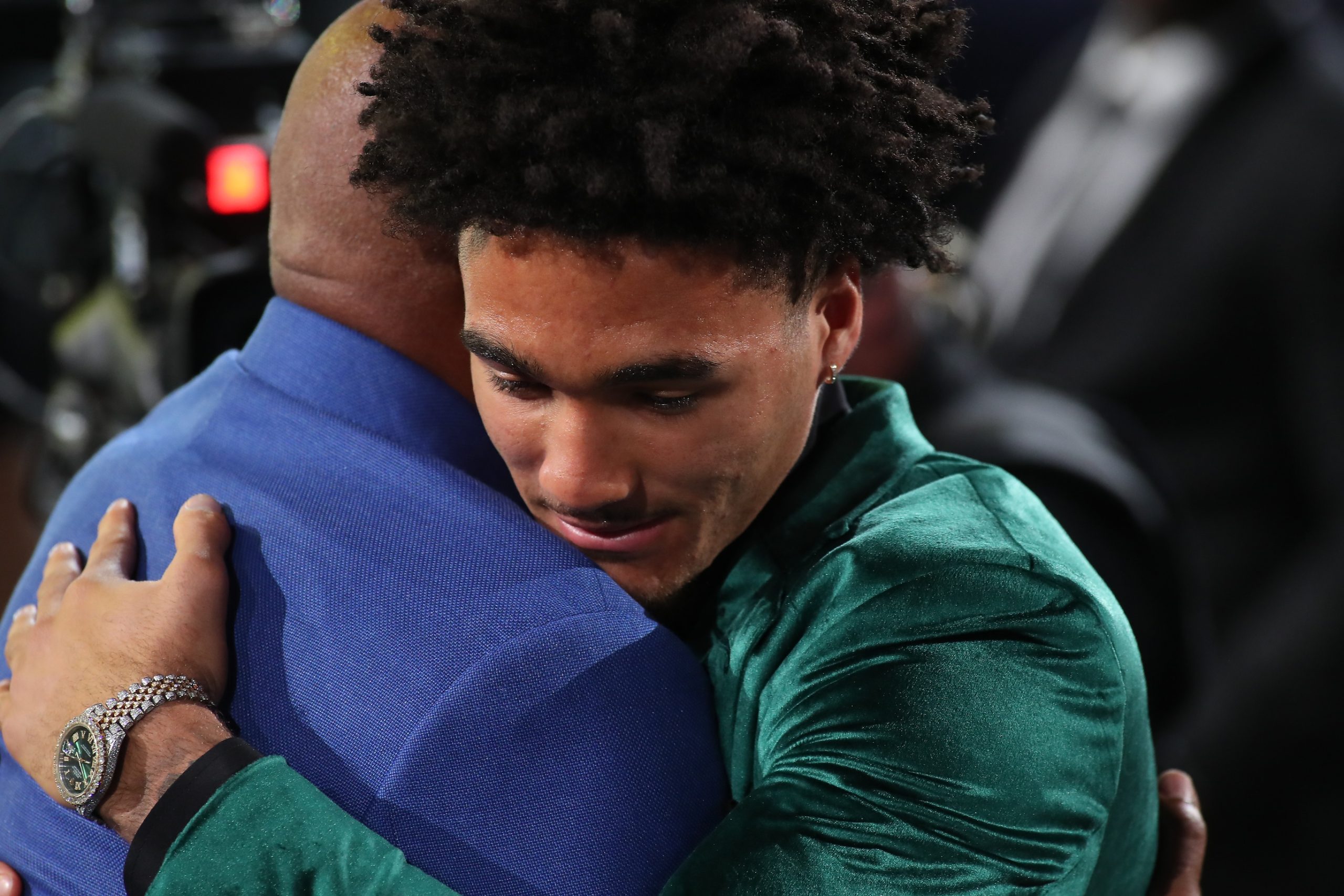 Jun 22, 2023; Brooklyn, NY, USA; Jalen Hood-Schifino reacts after being selected seventeenth by the Los Angeles Lakers in the first round of the 2023 NBA Draft at Barclays Arena. Mandatory Credit: Wendell Cruz-USA TODAY Sports