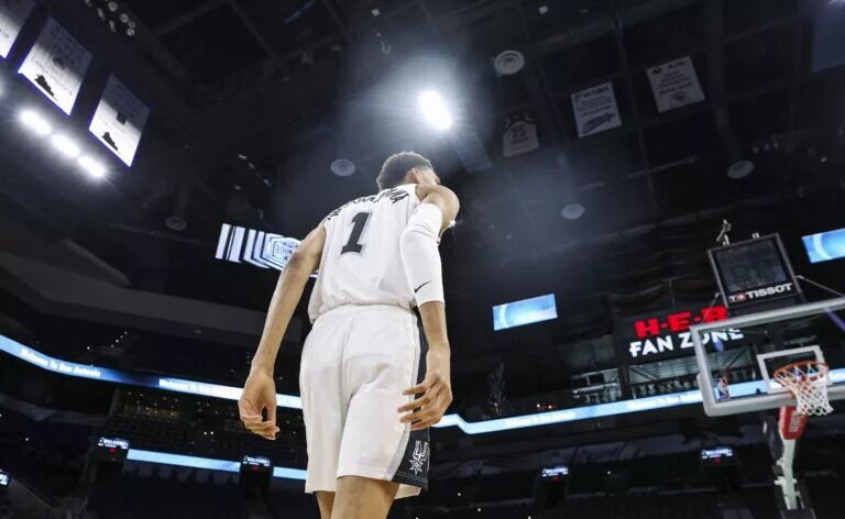 Jun 24, 2023; San Antonio, TX, USA; San Antonio Spurs draft pick Victor Wembanyama on the court at a press conference at AT&T Center. Mandatory Credit: Troy Taormina-USA TODAY Sports