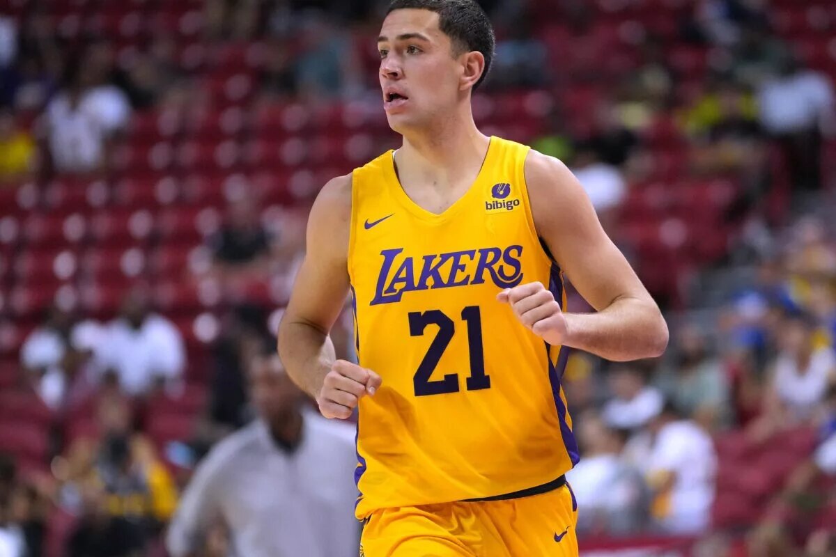 Jul 15, 2022; Las Vegas, NV, USA; Los Angeles Lakers forward Cole Swider (21) is pictured during an NBA Summer League game against the New Orleans Pelicans at Thomas & Mack Center. Mandatory Credit: Stephen R. Sylvanie-USA TODAY Sports