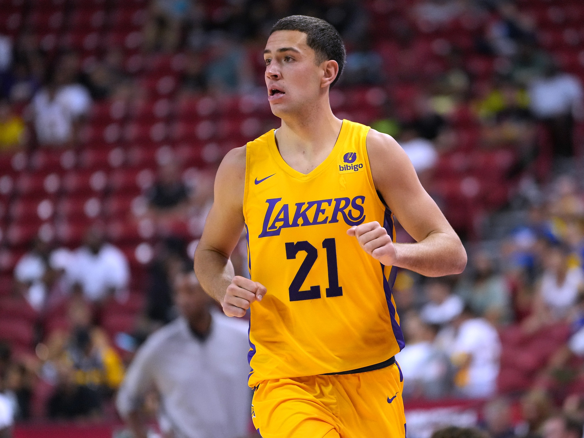 Jul 15, 2022; Las Vegas, NV, USA; Los Angeles Lakers forward Cole Swider (21) is pictured during an NBA Summer League game against the New Orleans Pelicans at Thomas & Mack Center. Mandatory Credit: Stephen R. Sylvanie-USA TODAY Sports