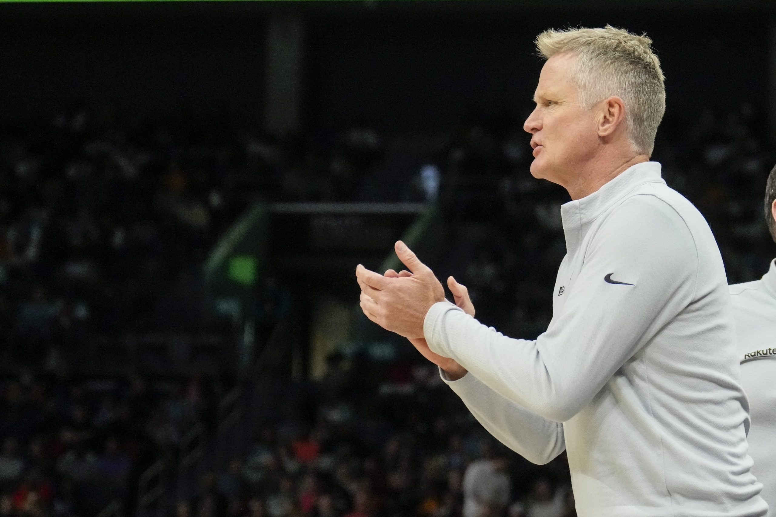 Oct 29, 2022; Charlotte, North Carolina, USA; Golden State Warriors head coach Steve Kerr encourages his team during the second half against the Charlotte Hornets at Spectrum Center. Mandatory Credit: Jim Dedmon-USA TODAY Sports
