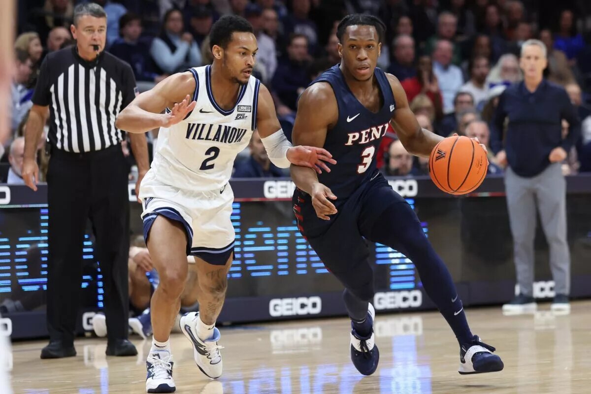 Dec 7, 2022; Villanova, Pennsylvania, USA; Pennsylvania Quakers guard an St. John's transfer Jordan Dingle (3) dribbles against Villanova Wildcats guard Mark Armstrong (2) during the first half at William B. Finneran Pavilion. Mandatory Credit: Bill Streicher-USA TODAY Sports
