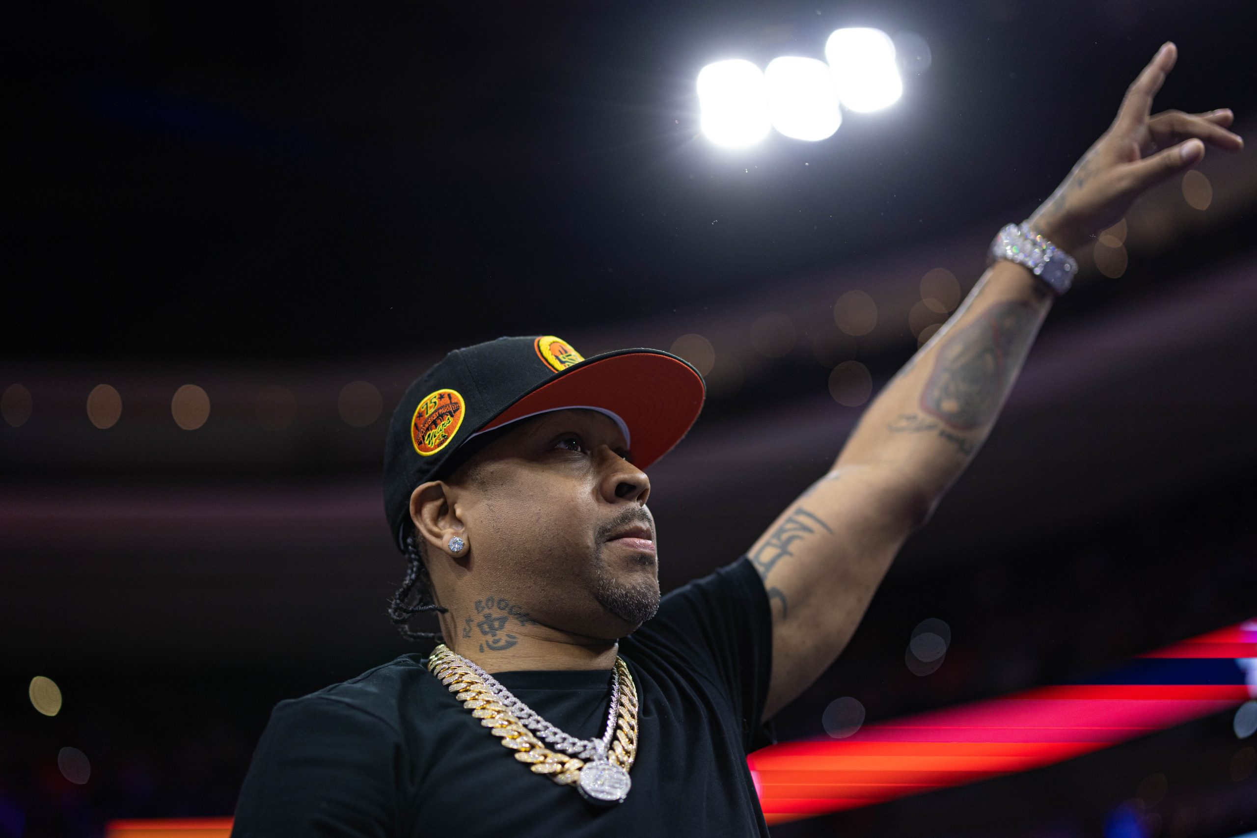 Jan 25, 2023; Philadelphia, Pennsylvania, USA; Former Philadelphia 76ers and hall of fame member Allen Iverson is introduced during the second quarter against the Brooklyn Nets at Wells Fargo Center. Mandatory Credit: Bill Streicher-USA TODAY Sports