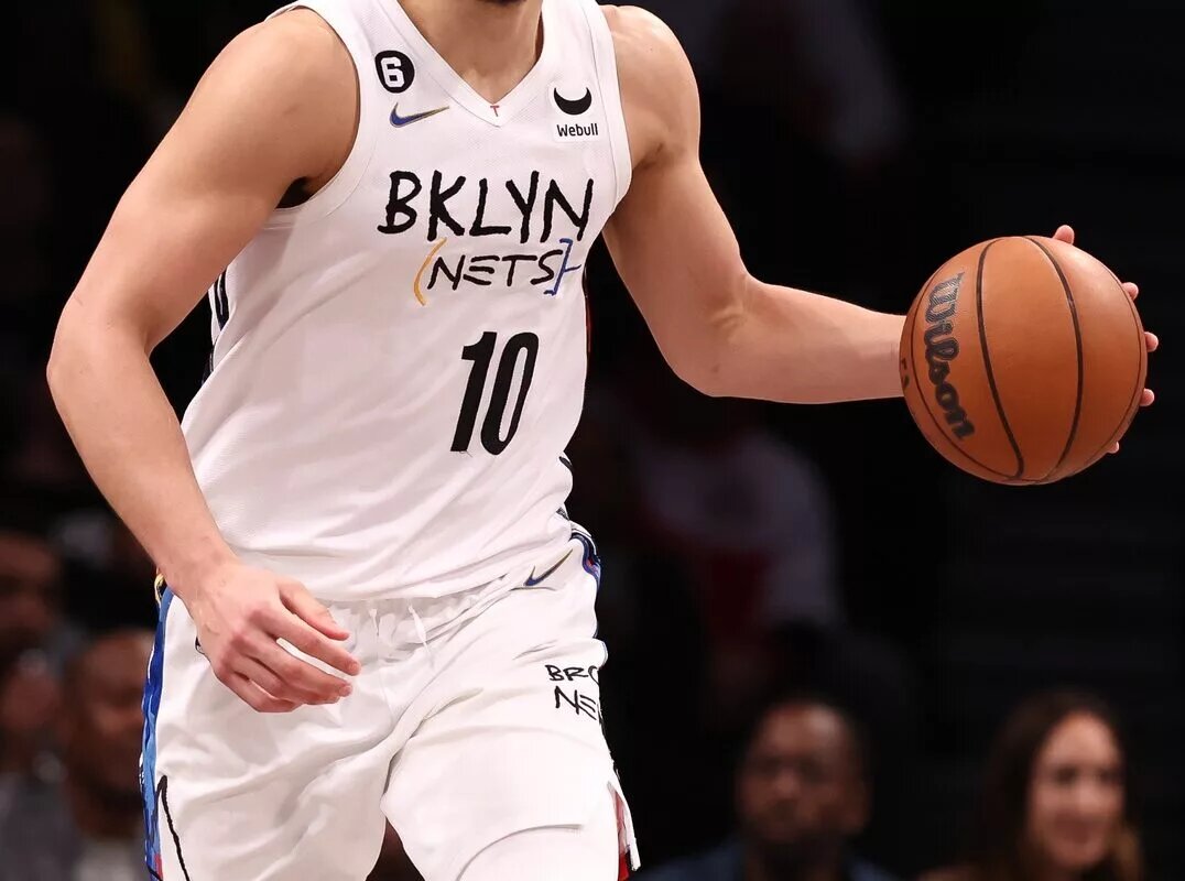 Feb 15, 2023; Brooklyn, New York, USA; Brooklyn Nets guard Ben Simmons (10) dribbles up court during the second half against the Miami Heat at Barclays Center. Mandatory Credit: Vincent Carchietta-USA TODAY Sports
