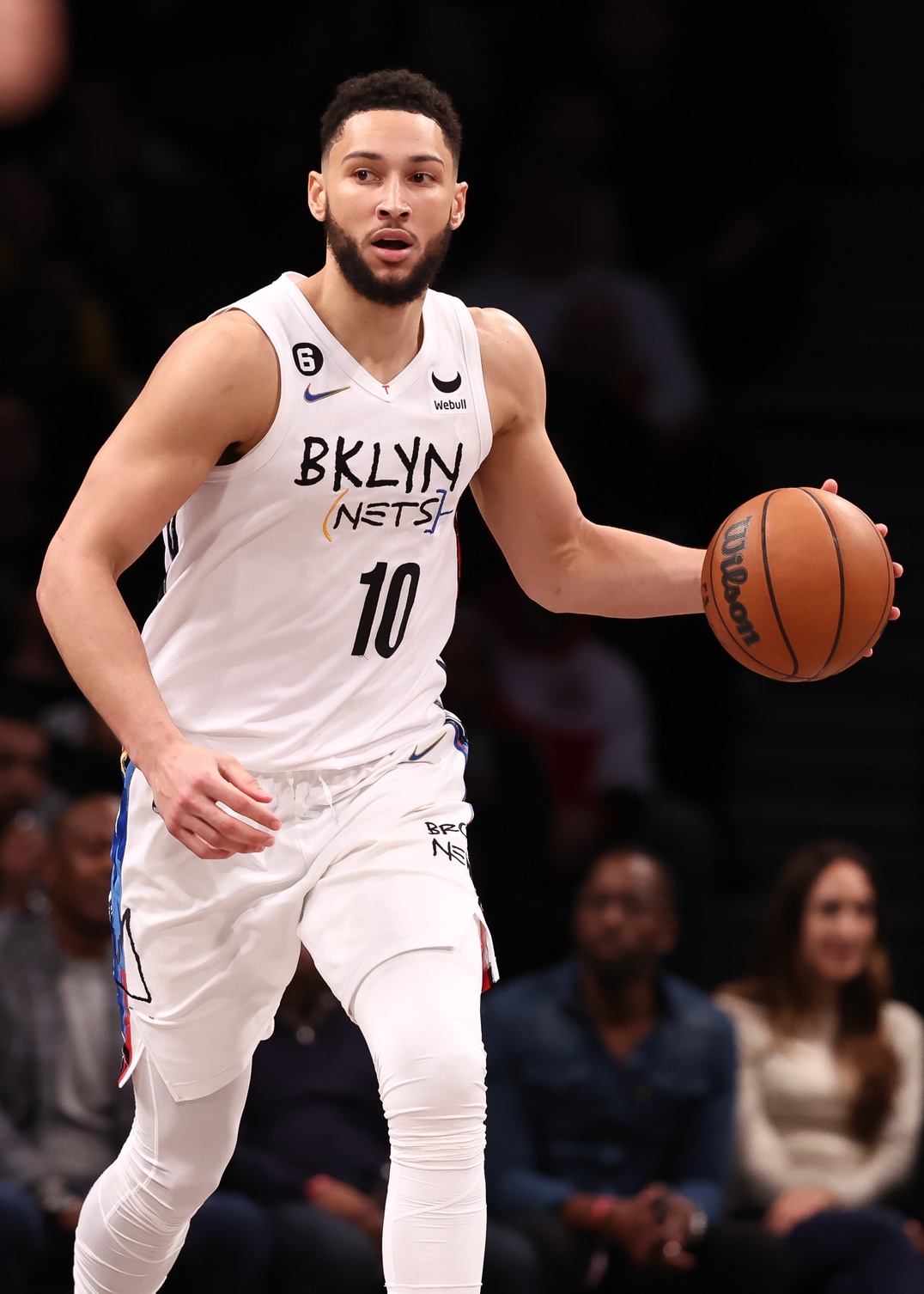 Feb 15, 2023; Brooklyn, New York, USA; Brooklyn Nets guard Ben Simmons (10) dribbles up court during the second half against the Miami Heat at Barclays Center. Mandatory Credit: Vincent Carchietta-USA TODAY Sports