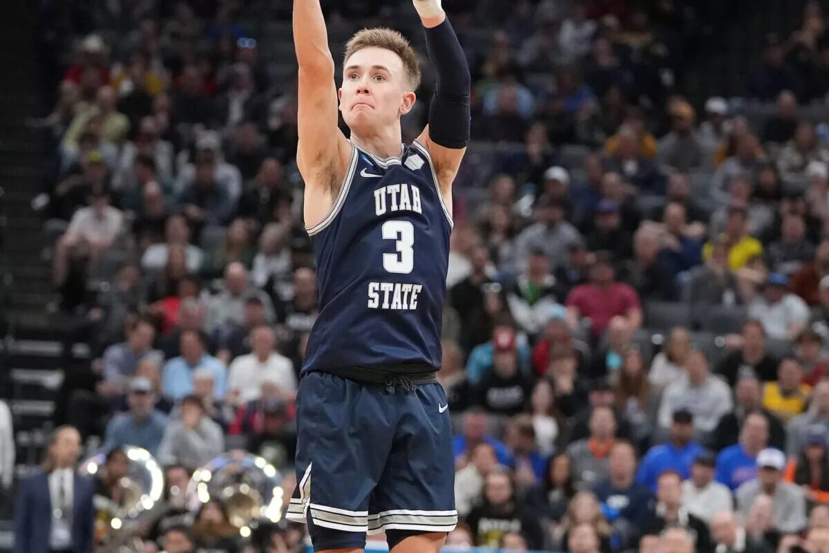 Mar 16, 2023; Sacramento, CA, USA; Utah State Aggies guard Steven Ashworth (3) shoots against the Missouri Tigers during the second half at Golden 1 Center. Mandatory Credit: Kyle Terada-USA TODAY Sports