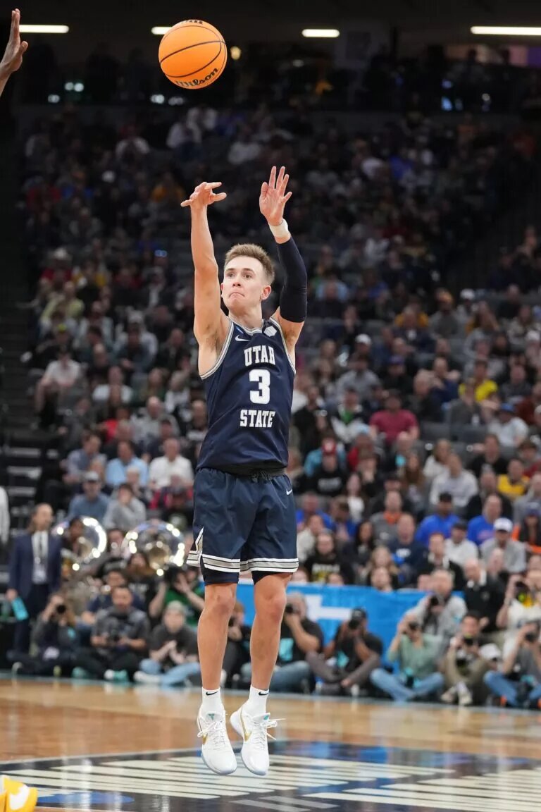 Mar 16, 2023; Sacramento, CA, USA; Utah State Aggies guard Steven Ashworth (3) shoots against the Missouri Tigers during the second half at Golden 1 Center. Mandatory Credit: Kyle Terada-USA TODAY Sports