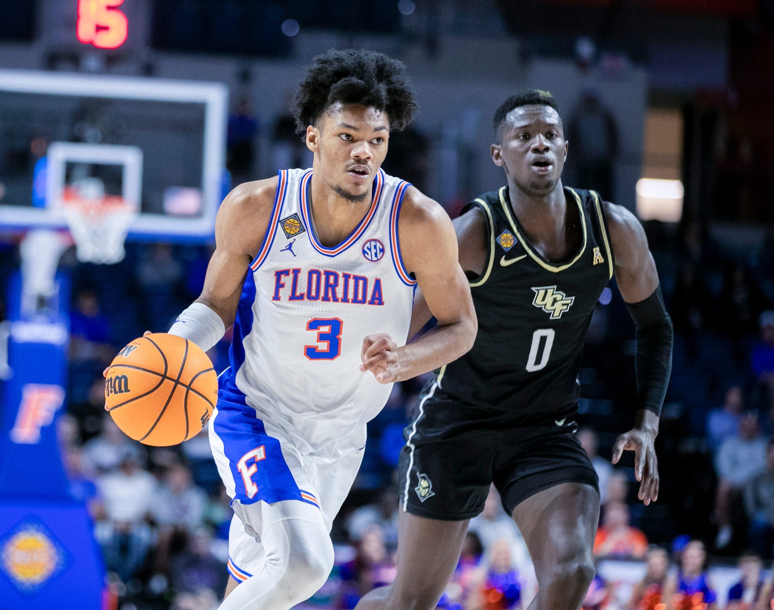 Florida Gators forward Alex Fudge (3) brings the ball down court during the second half of the NIT tournament Wednesday, March 15, 2023, at Exactech Arena in Gainesville, Fla. Florida lost to UCF 67-49. Alan Youngblood/Gainesville Sun Gai Ufucf3takeaways2 337354105434