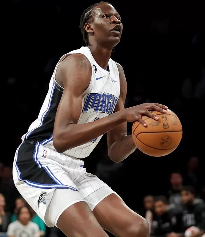 Apr 7, 2023; Brooklyn, New York, USA; Orlando Magic center Bol Bol (10) sets to shoot against the Brooklyn Nets during the second quarter at Barclays Center. He is one player the Golden State Warriors could sign this Offseason. Mandatory Credit: Brad Penner-USA TODAY Sports