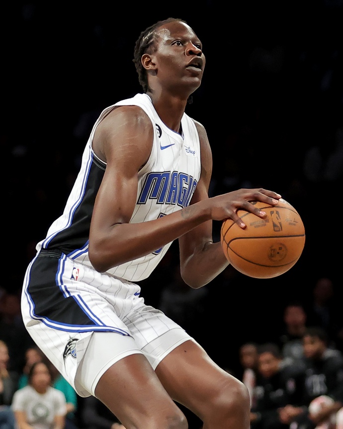 Apr 7, 2023; Brooklyn, New York, USA; Orlando Magic center Bol Bol (10) sets to shoot against the Brooklyn Nets during the second quarter at Barclays Center. He is one player the Golden State Warriors could sign this Offseason. Mandatory Credit: Brad Penner-USA TODAY Sports