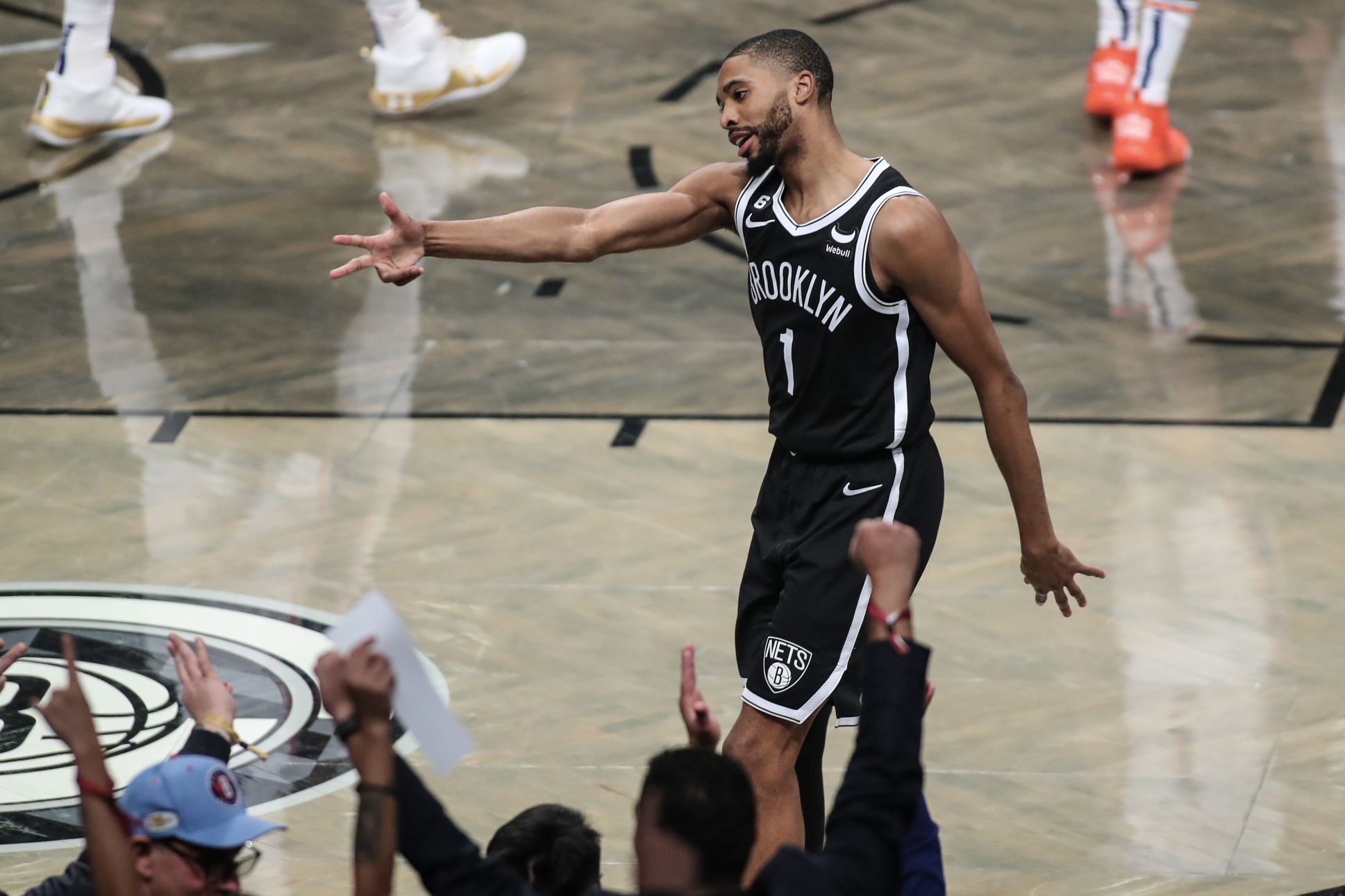 Apr 20, 2023; Brooklyn, New York, USA; Brooklyn Nets forward Mikal Bridges (1) celebrates after scoring during game three of the 2023 NBA playoffs against the Philadelphia 76ers at Barclays Center. Mandatory Credit: Wendell Cruz-USA TODAY Sports