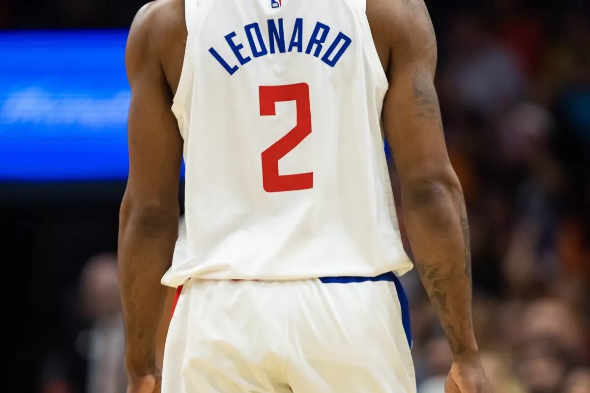 Apr 9, 2023; Phoenix, Arizona, USA; Detailed view of the jersey of Los Angeles Clippers forward Kawhi Leonard (2) against the Phoenix Suns at Footprint Center. Mandatory Credit: Mark J. Rebilas-USA TODAY Sports