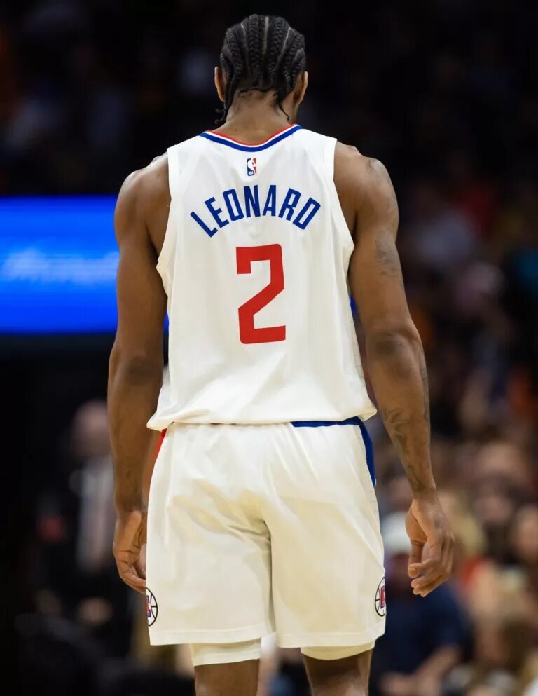 Apr 9, 2023; Phoenix, Arizona, USA; Detailed view of the jersey of Los Angeles Clippers forward Kawhi Leonard (2) against the Phoenix Suns at Footprint Center. Mandatory Credit: Mark J. Rebilas-USA TODAY Sports