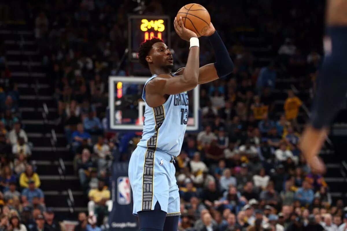 Apr 26, 2023; Memphis, Tennessee, USA; Memphis Grizzlies forward Jaren Jackson Jr. (13) shoots for three during the second half against the Los Angeles Lakers during game five of the 2023 NBA playoffs at FedExForum. Mandatory Credit: Petre Thomas-USA TODAY Sports