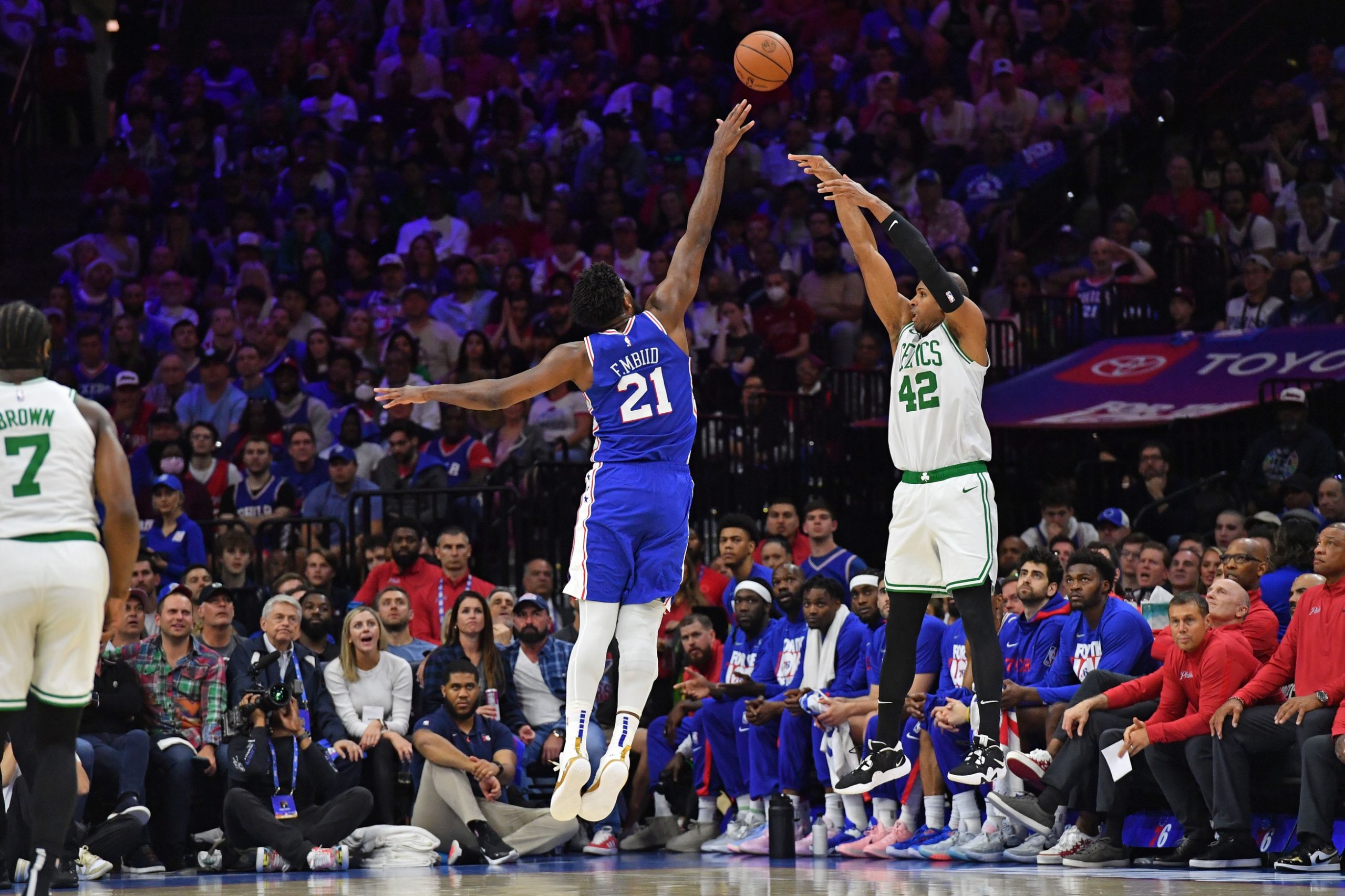 May 7, 2023; Philadelphia, Pennsylvania, USA; Boston Celtics center Al Horford (42) shoots over Philadelphia 76ers center Joel Embiid (21) during game four of the 2023 NBA playoffs at Wells Fargo Center. Mandatory Credit: Eric Hartline-USA TODAY Sports