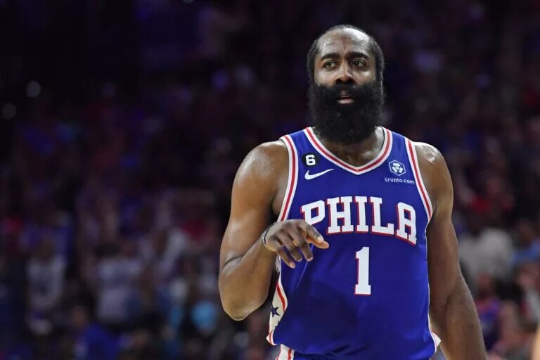 May 7, 2023; Philadelphia, Pennsylvania, USA; Philadelphia 76ers guard James Harden (1) against the Boston Celtics during game four of the 2023 NBA playoffs at Wells Fargo Center. Mandatory Credit: Eric Hartline-USA TODAY Sports