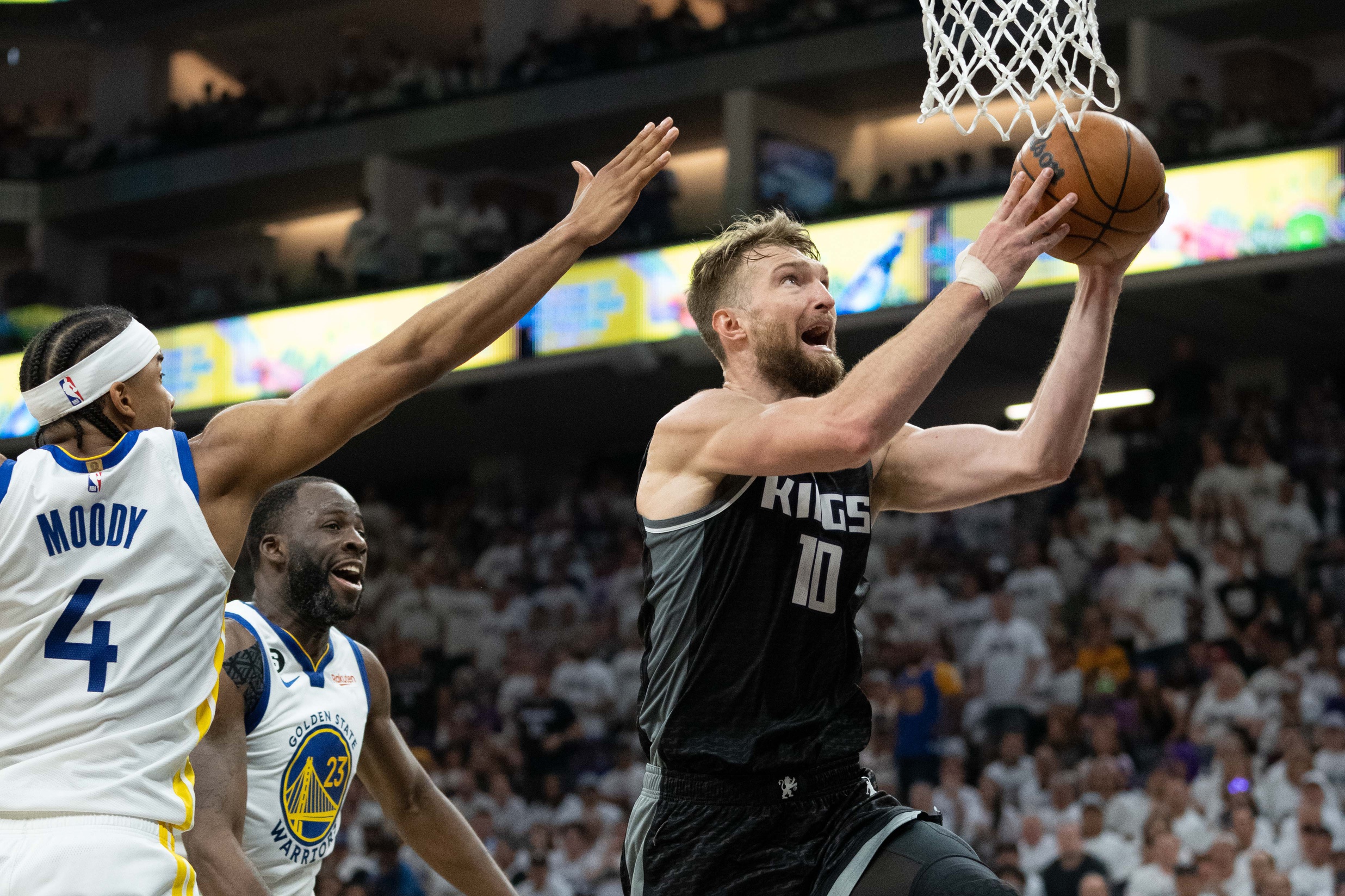 April 30, 2023; Sacramento, California, USA; Sacramento Kings forward Domantas Sabonis (10) shoots the basketball during the second quarter in game seven of the 2023 NBA playoffs first round against the Golden State Warriors at Golden 1 Center. Mandatory Credit: Kyle Terada-USA TODAY Sports