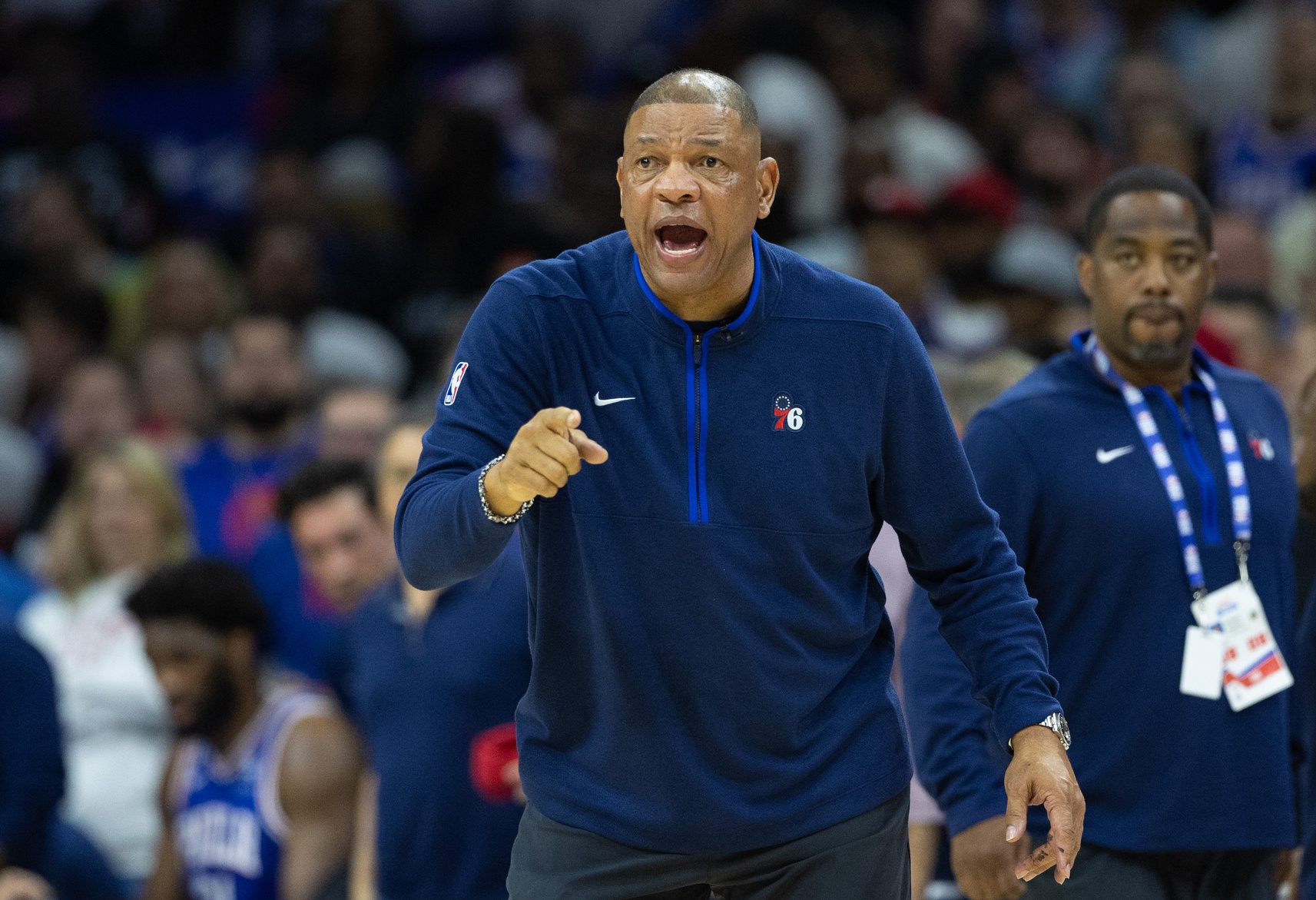 May 11, 2023; Philadelphia, Pennsylvania, USA; Philadelphia 76ers head coach Doc Rivers reacts during the fourth quarter against the Boston Celtics in game six of the 2023 NBA playoffs at Wells Fargo Center. Mandatory Credit: Bill Streicher-USA TODAY Sports
