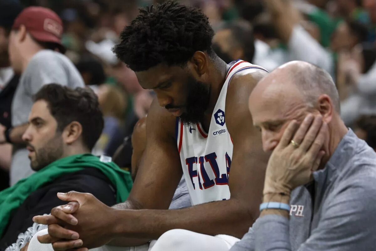 May 14, 2023; Boston, Massachusetts, USA; Philadelphia 76ers center Joel Embiid (21) sits on the bench during the final moments of their loss to the Boston Celtics in game seven of the 2023 NBA playoffs at TD Garden. Mandatory Credit: Winslow Townson-USA TODAY Sports