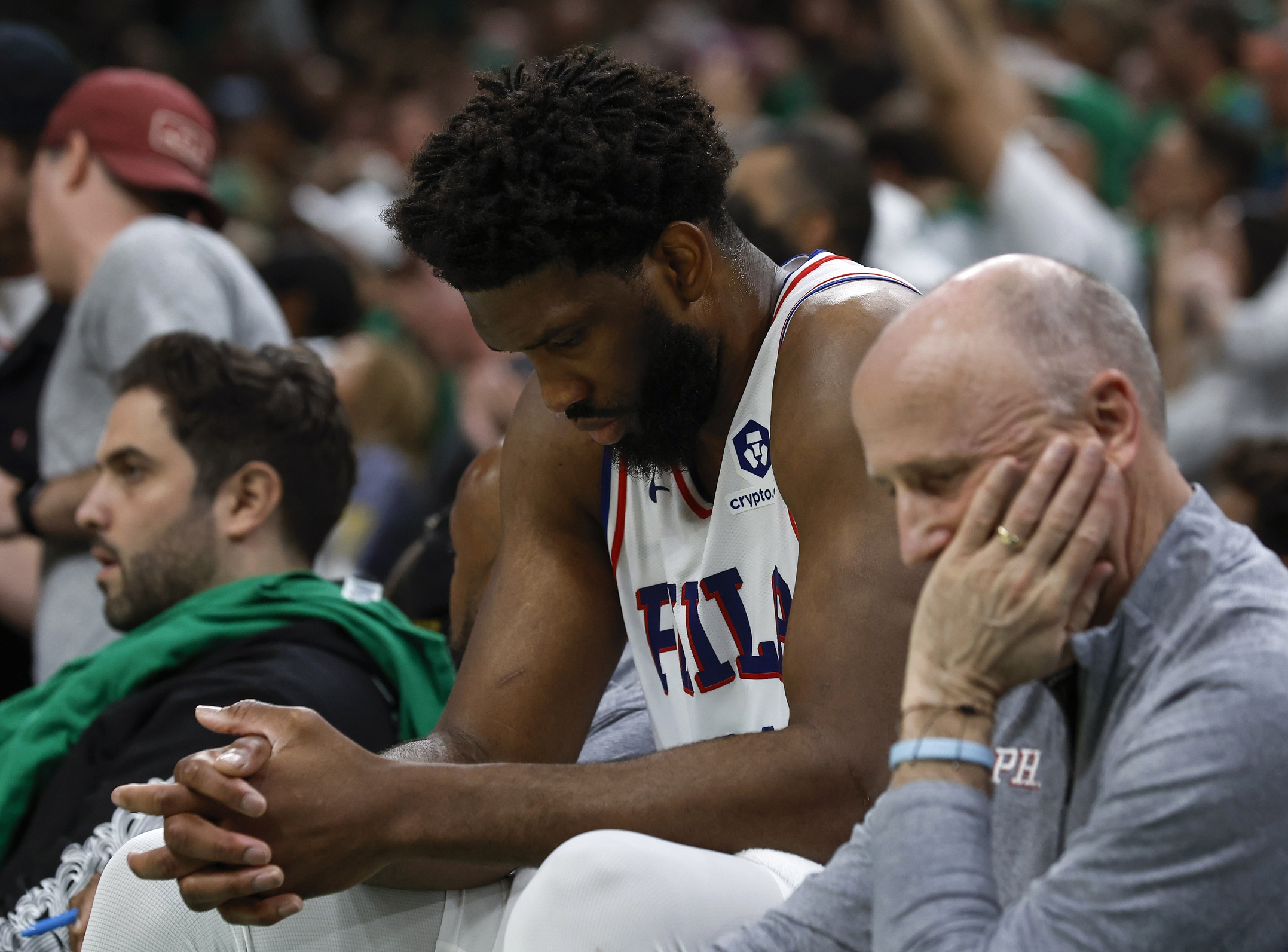 May 14, 2023; Boston, Massachusetts, USA; Philadelphia 76ers center Joel Embiid (21) sits on the bench during the final moments of their loss to the Boston Celtics in game seven of the 2023 NBA playoffs at TD Garden. Mandatory Credit: Winslow Townson-USA TODAY Sports