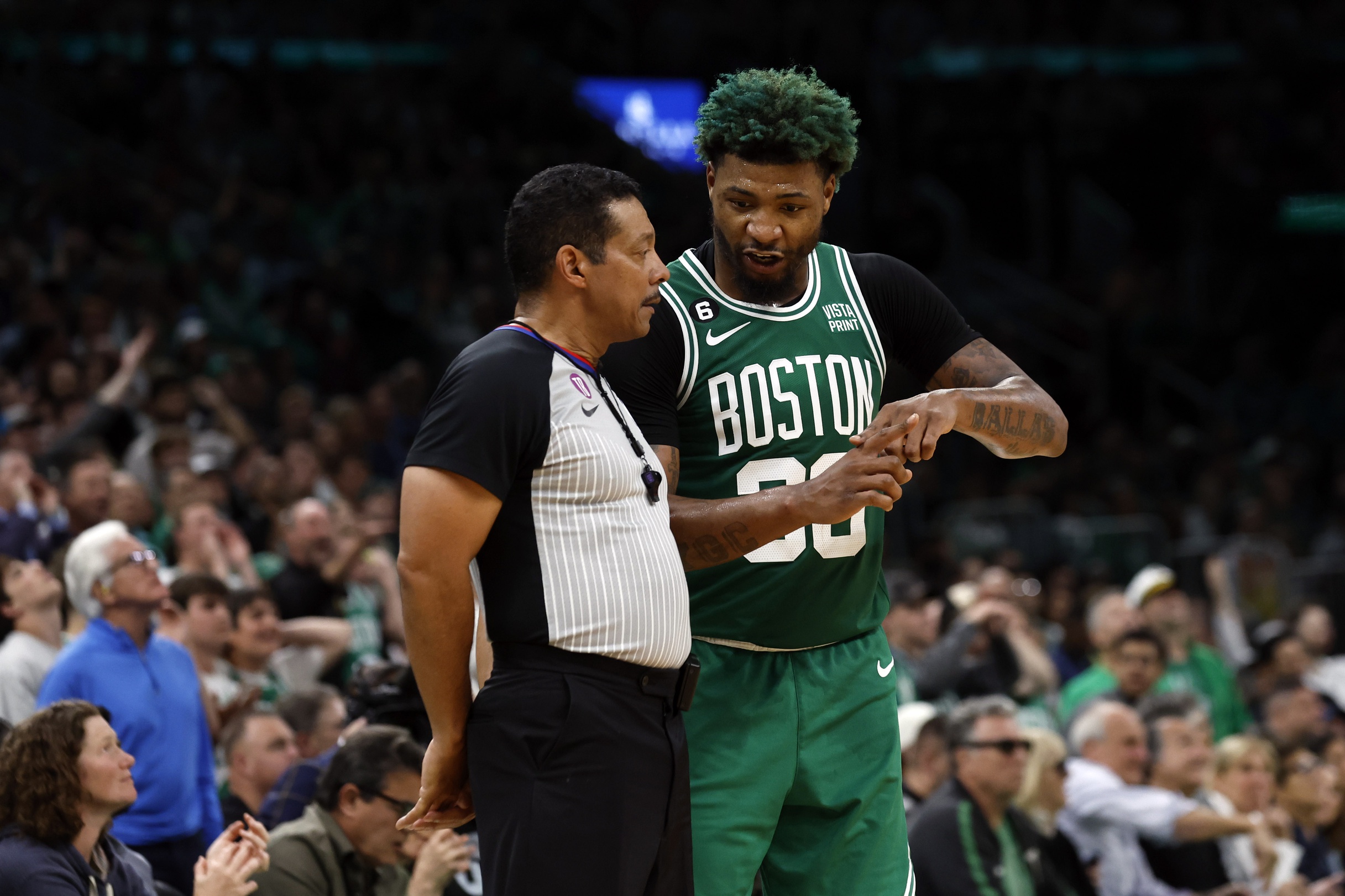 May 25, 2023; Boston, Massachusetts, USA; Boston Celtics guard Marcus Smart (36) talks to an official during the second quarter against the Miami Heat in game five of the Eastern Conference Finals for the 2023 NBA playoffs at TD Garden. Smart is known as one of the most frequent culprits of flopping, a rule the NBA Board of Governors looks to handle this season. Mandatory Credit: Winslow Townson-USA TODAY Sports