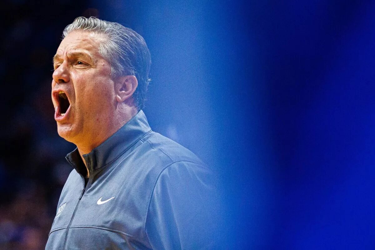 Dec 7, 2021; Lexington, Kentucky, USA; Kentucky Wildcats head coach John Calipari yells across the court during the second half against the Southern University Jaguars at Rupp Arena at Central Bank Center. Mandatory Credit: Jordan Prather-USA TODAY Sports