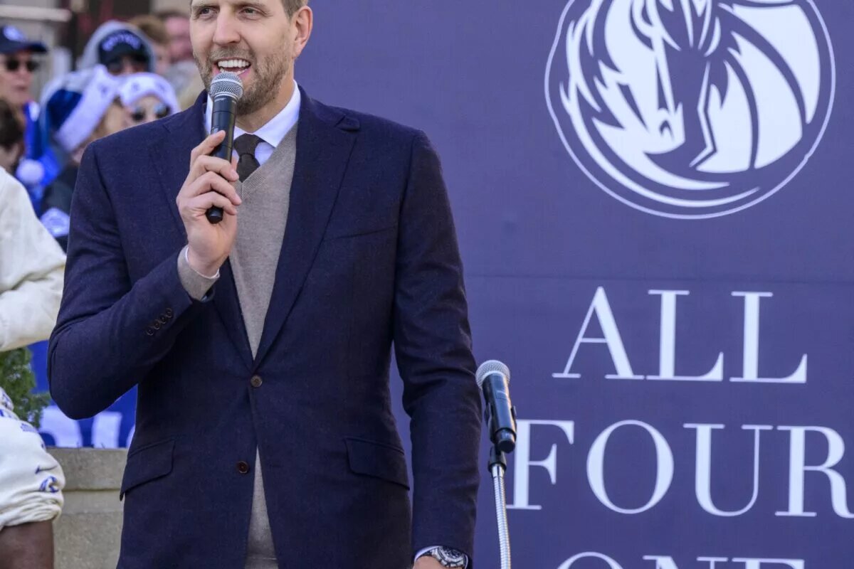 Dec 25, 2022; Dallas, Texas, USA; Former Dallas Mavericks power forward and member of the Hall of Fame 2023 Dirk Nowitzki speaks to the crowd during the ceremony for the unveiling of a statue honoring his playing career before the game between the Dallas Mavericks and the Los Angeles Lakers American Airlines Center . Mandatory Credit: Jerome Miron-USA TODAY Sports