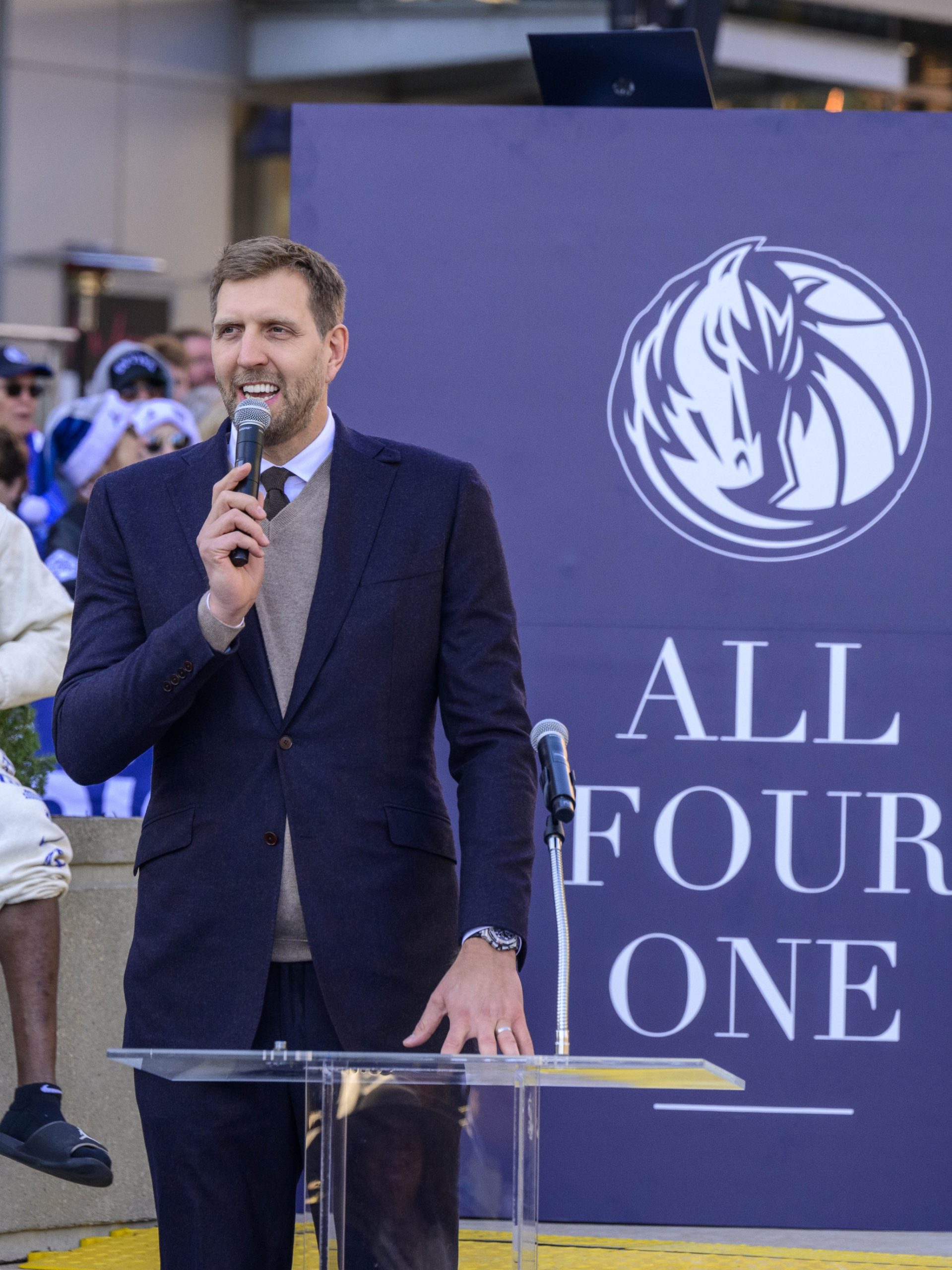 Dec 25, 2022; Dallas, Texas, USA; Former Dallas Mavericks power forward and member of the Hall of Fame 2023 Dirk Nowitzki speaks to the crowd during the ceremony for the unveiling of a statue honoring his playing career before the game between the Dallas Mavericks and the Los Angeles Lakers American Airlines Center . Mandatory Credit: Jerome Miron-USA TODAY Sports