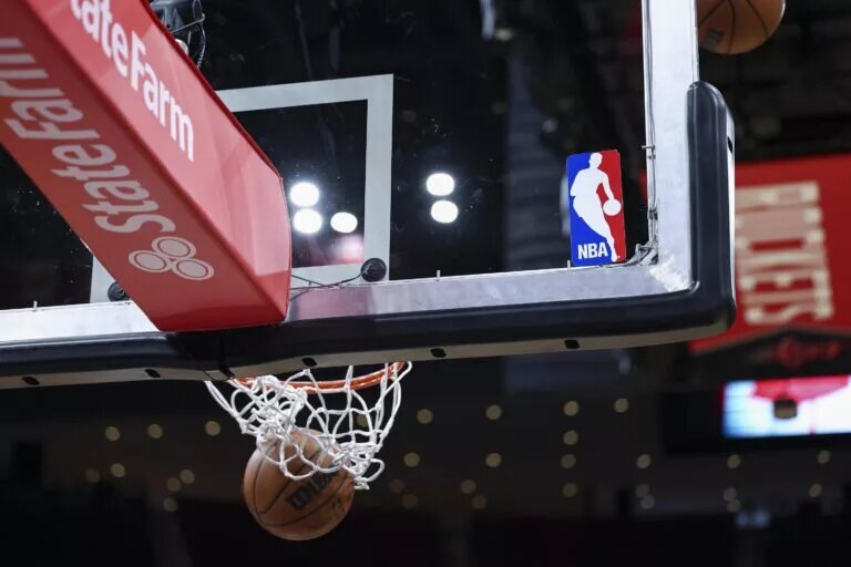 Fantasy Basketball Tips: Feb 3, 2023; Houston, Texas, USA; General view of the NBA logo on a backboard before the game between the Houston Rockets and the Toronto Raptors at Toyota Center. Mandatory Credit: Troy Taormina-USA TODAY Sports